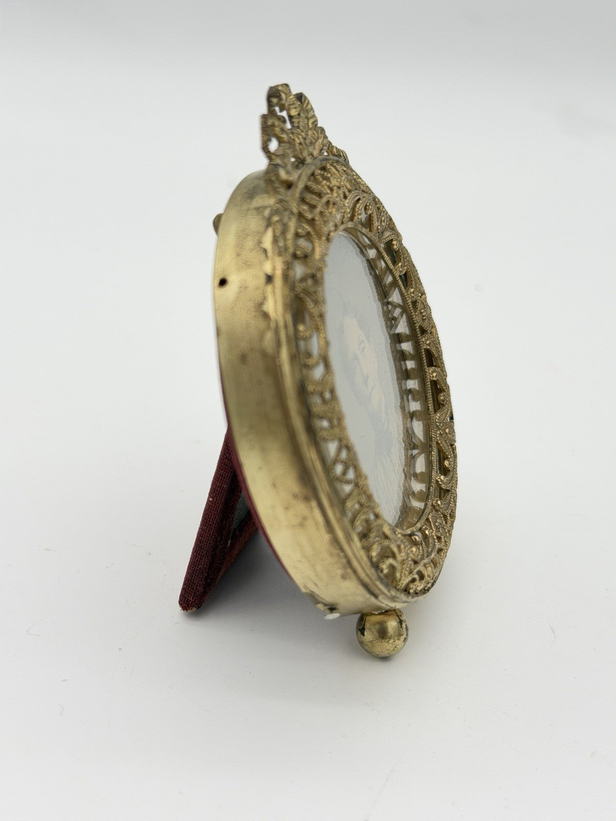 Antique Victorian French Gold Gilt Round Filigree Bow Crest Mini Photo Frame
