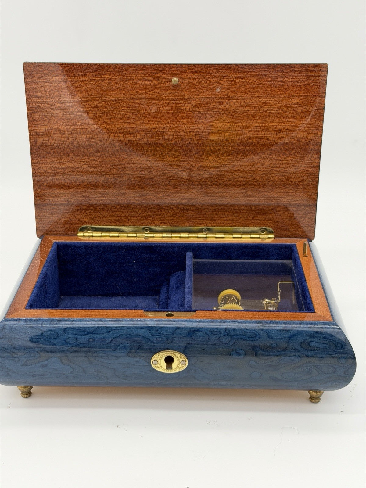 Sorrento Italy Blue Floral Inlay Wooden Music Box Plays Memorie Cats Works