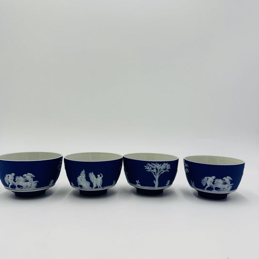 Wedgwood Jasperware Dipped Dark Blue 2" X 3.4" Footed Bowls 4 Pieces c.1930 Set