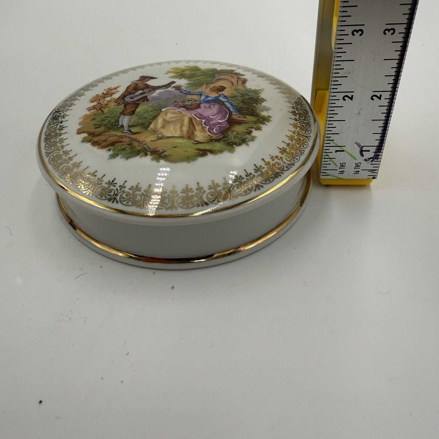 Vintage Limoges France Porcelain Fragonard Art Covered Trinket Box Gold Romantic