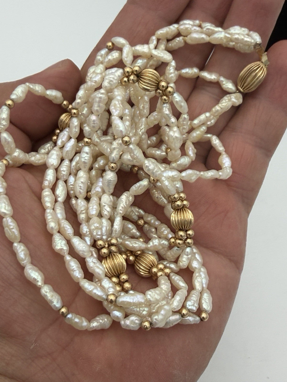 14K Yellow Gold Ribbed Beaded Freshwater Pearl Necklace Triple Strand 31”