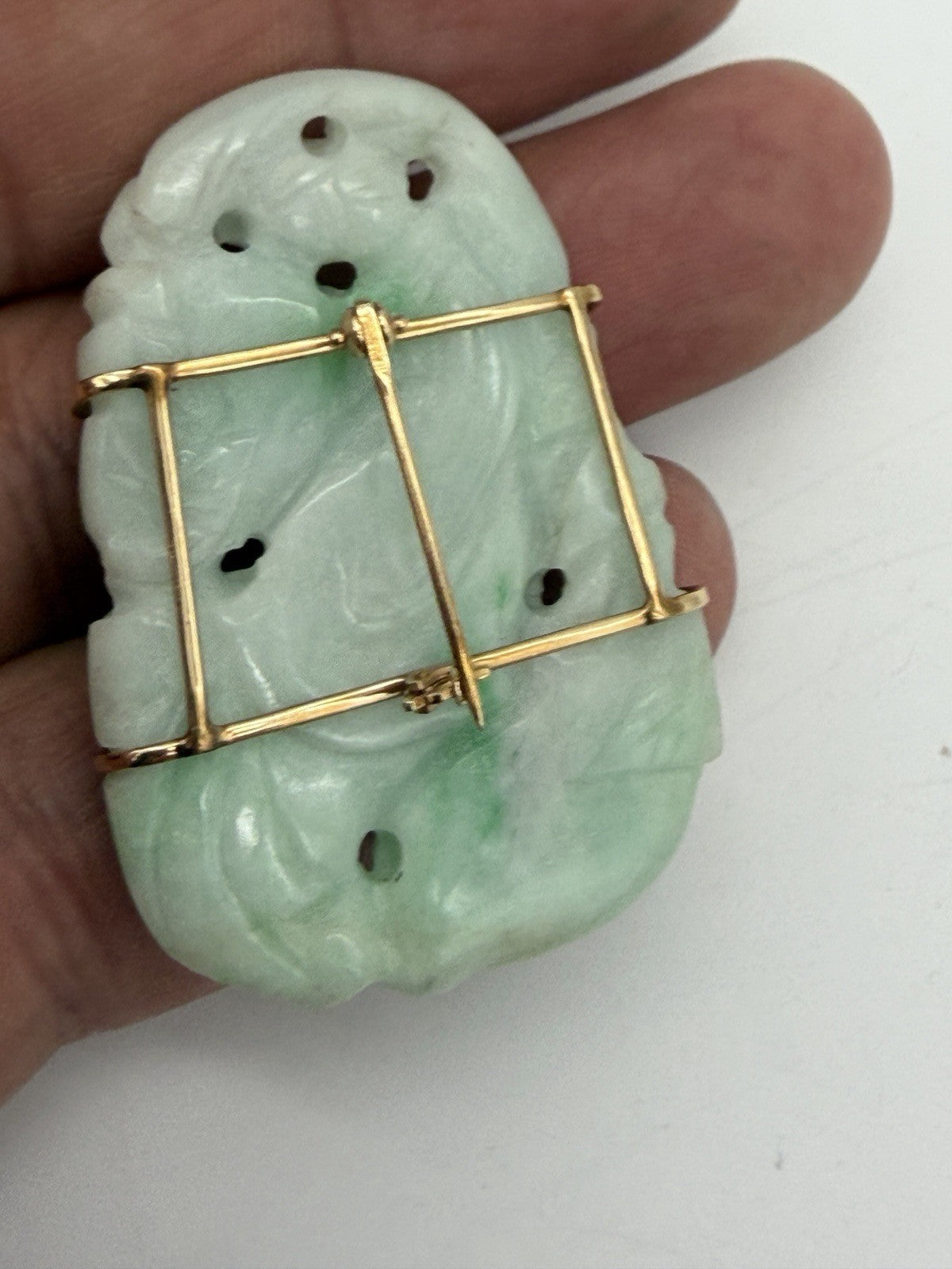 Antique Chinese 14K Yellow Gold Jadeite Jade Pin Brooch Natural Jade
