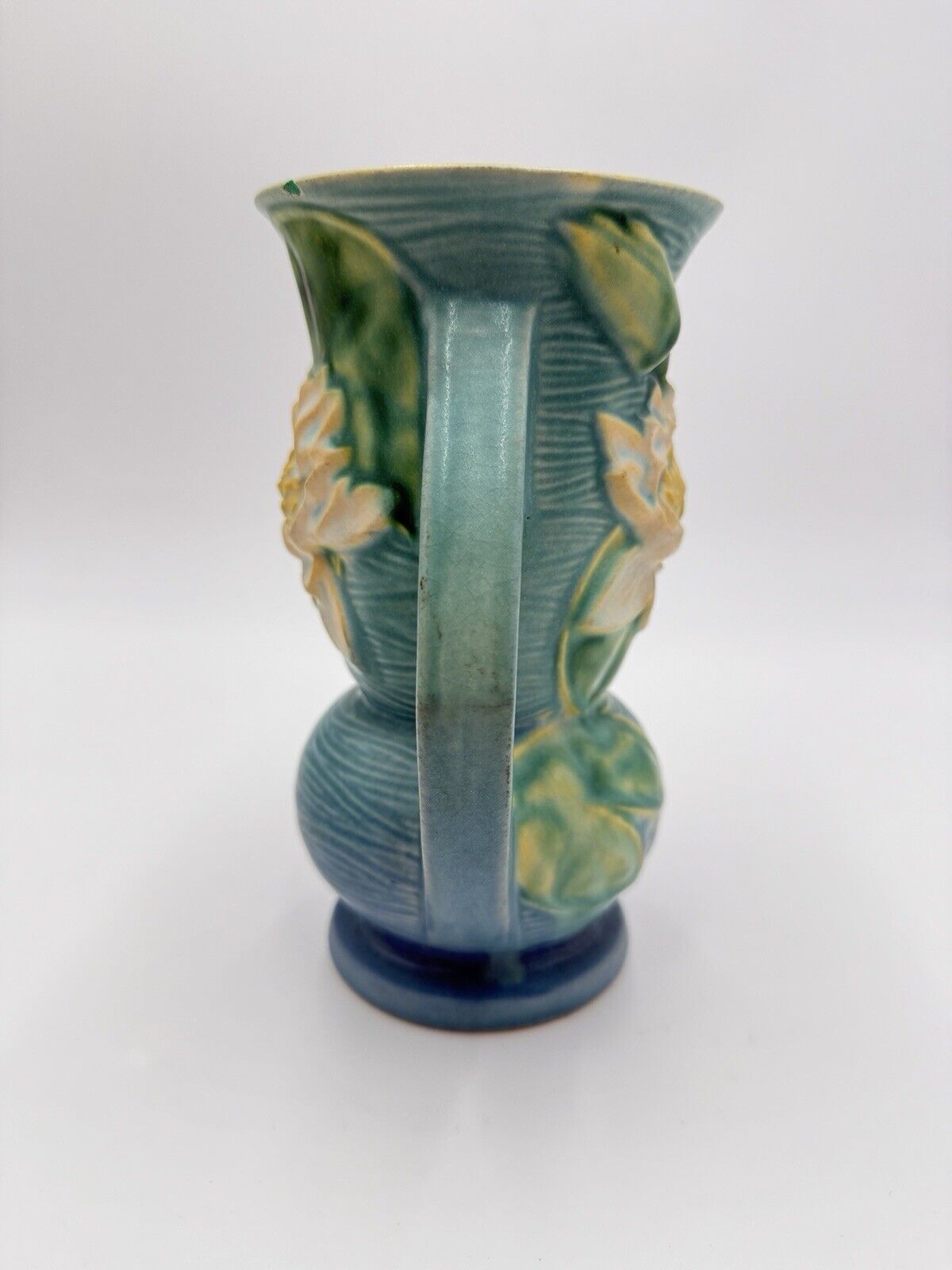 1943 Roseville Art Pottery USA 74-7 Blue Water Lilly 7” Vase Embossed Vtg (flaw)