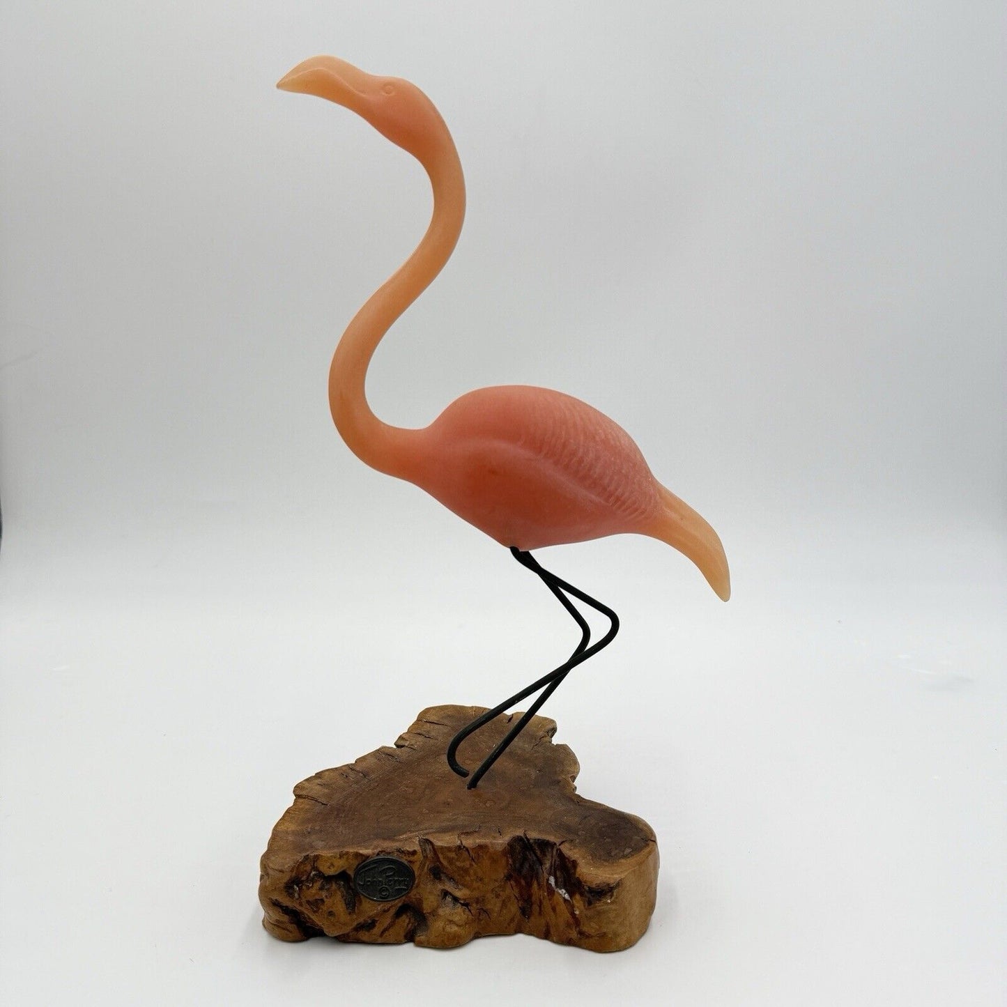 Vtg John Perry Pink Flamingo On Burl Wood Sculpture Nautical Decor Large 12”