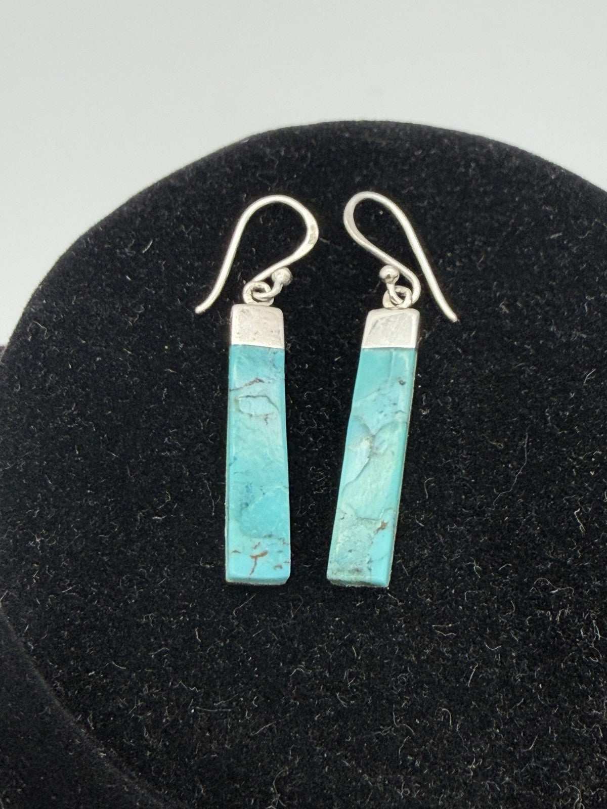 Sterling silver dangle earrings slender rectangular turquoise stone drops 925