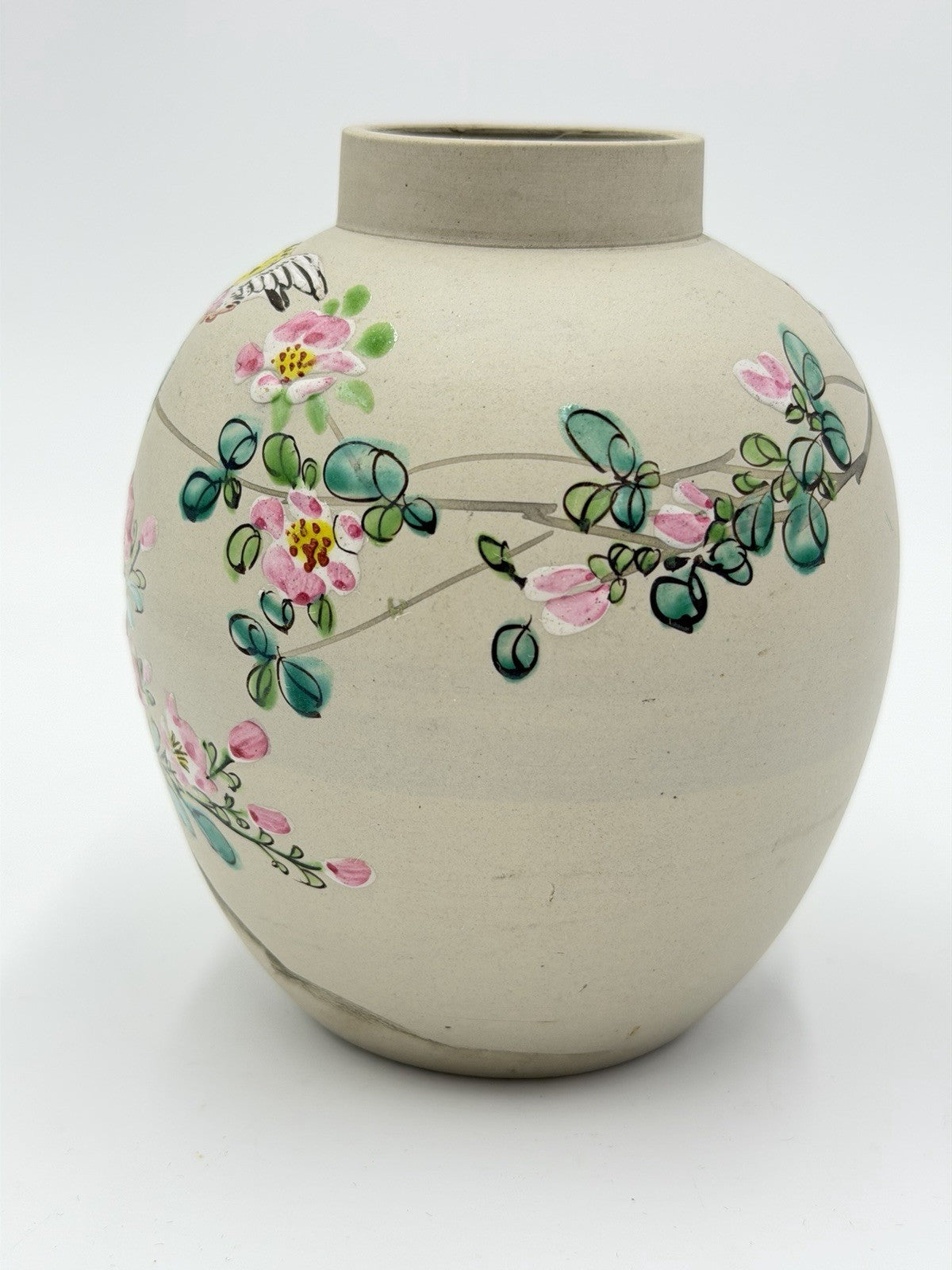 Antique Japanese Pottery Cherry Blossom Yellow Goldfinch Painted Vase 5”H