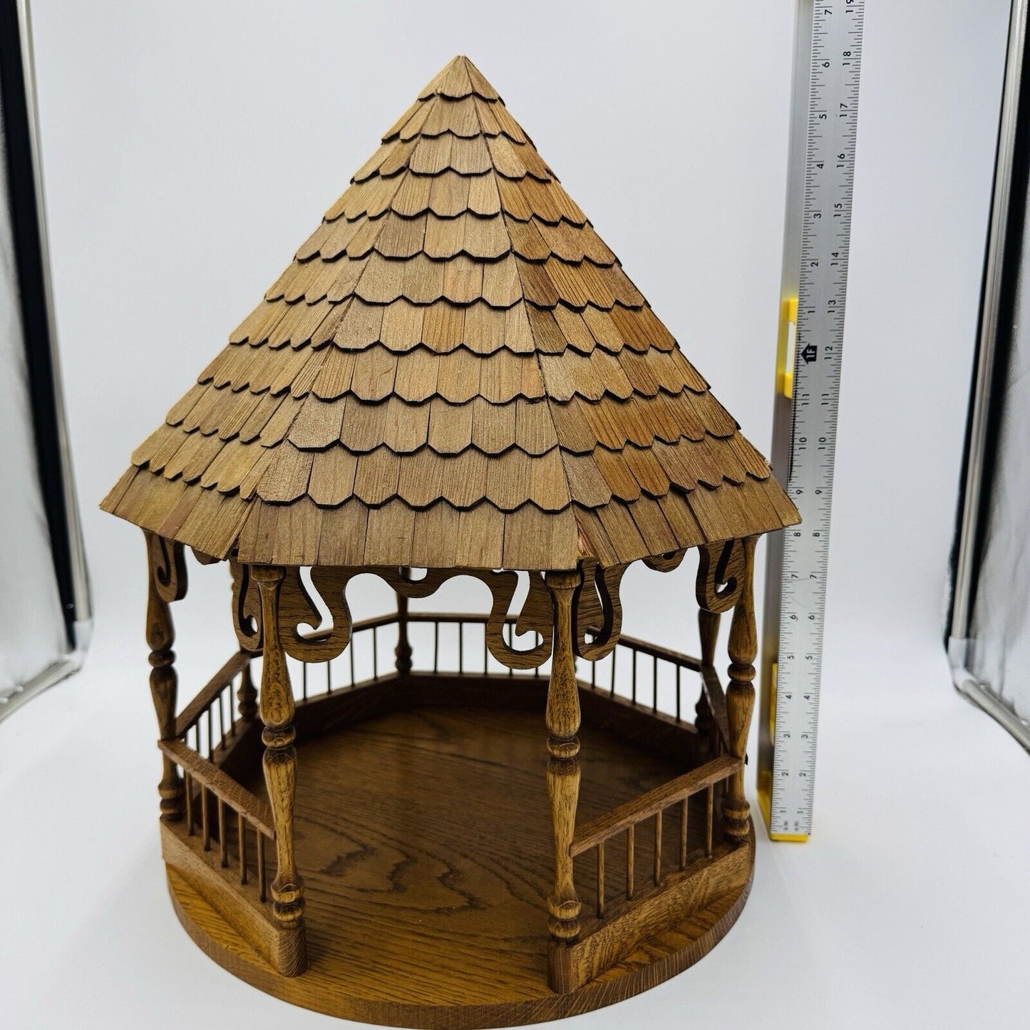 Large Folk Art Solid Wood Gazebo Bird feeder Vintage 1970s 18”x 14” Ornate Carve