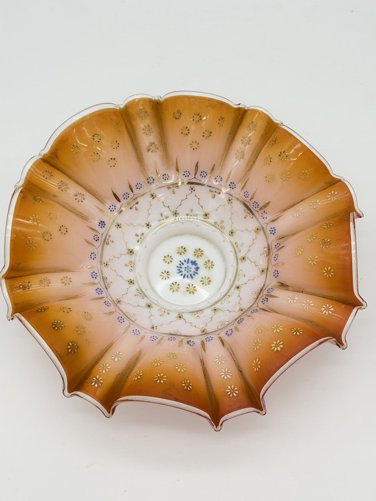 Antique Victorian Wedding Bride Art Glass Peach Ruffled Floral Hand Painted Bowl