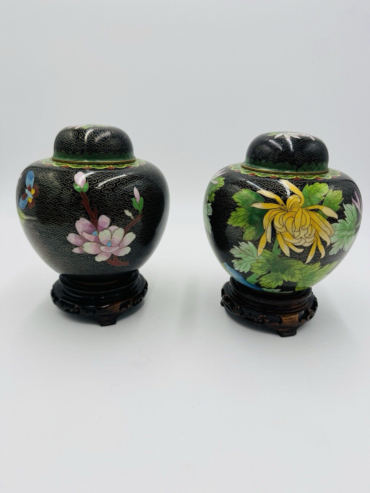 Vintage Cloisonne Brass Enameled Ginger Jar Floral Butterfly Inlay Design 7”