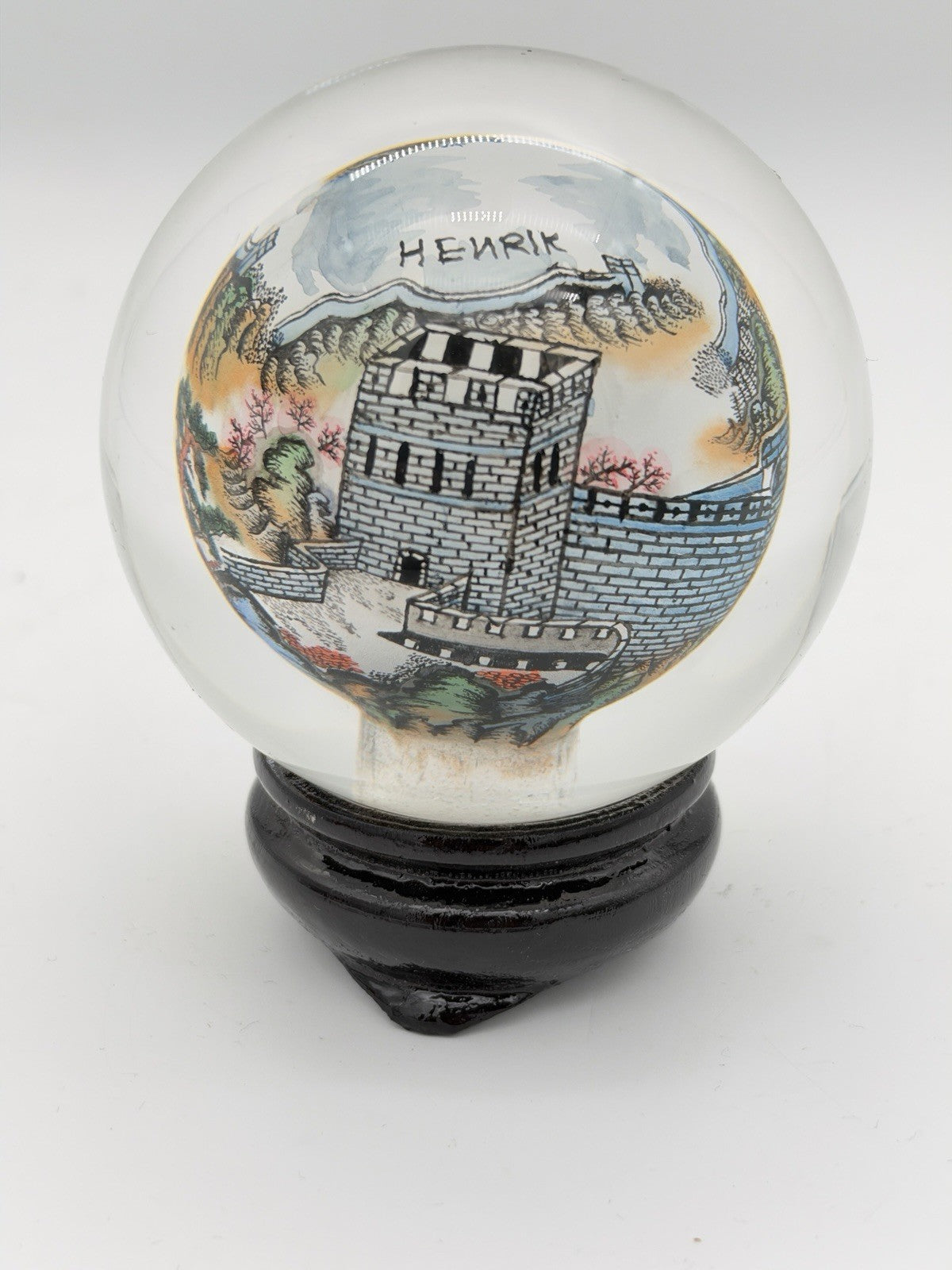 Chinese Reverse Painted Great Wall Art Glass Crystal Ball Sphere Signed 3.5”