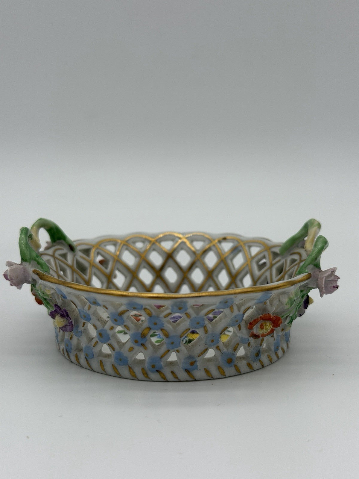 Antique Dresden Carl Thieme Pierced Reticulated Porcelain Floral Basket Dish Min