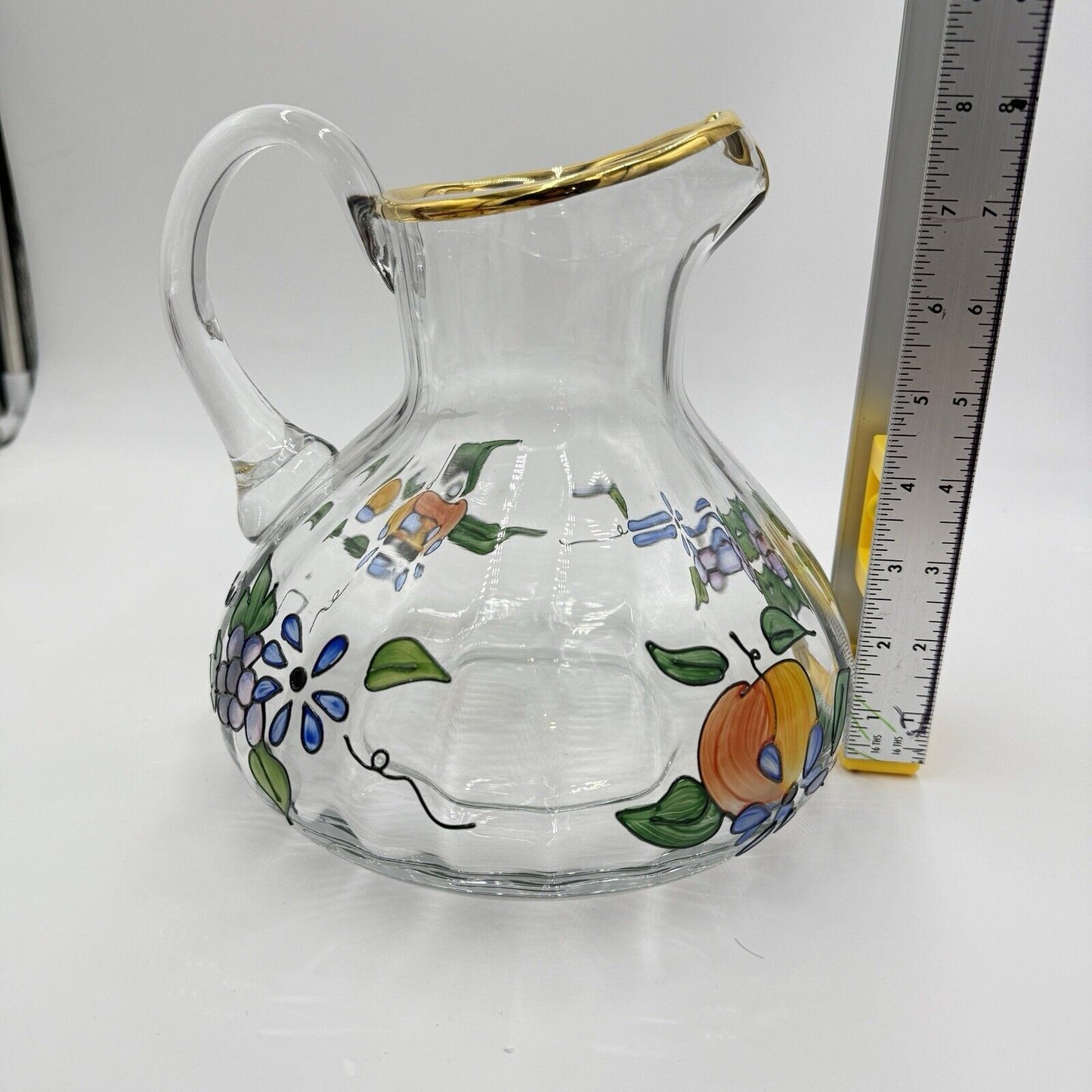 Vtg. Fifth Ave Crystal Ltd. Romanian Glass Hand Painted Pitcher 22k Gold Large