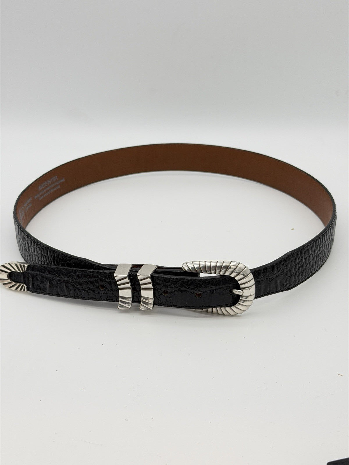 justin top grain leather belt C12873 Size 38 Black Silver Tone Buckle USA 45”L