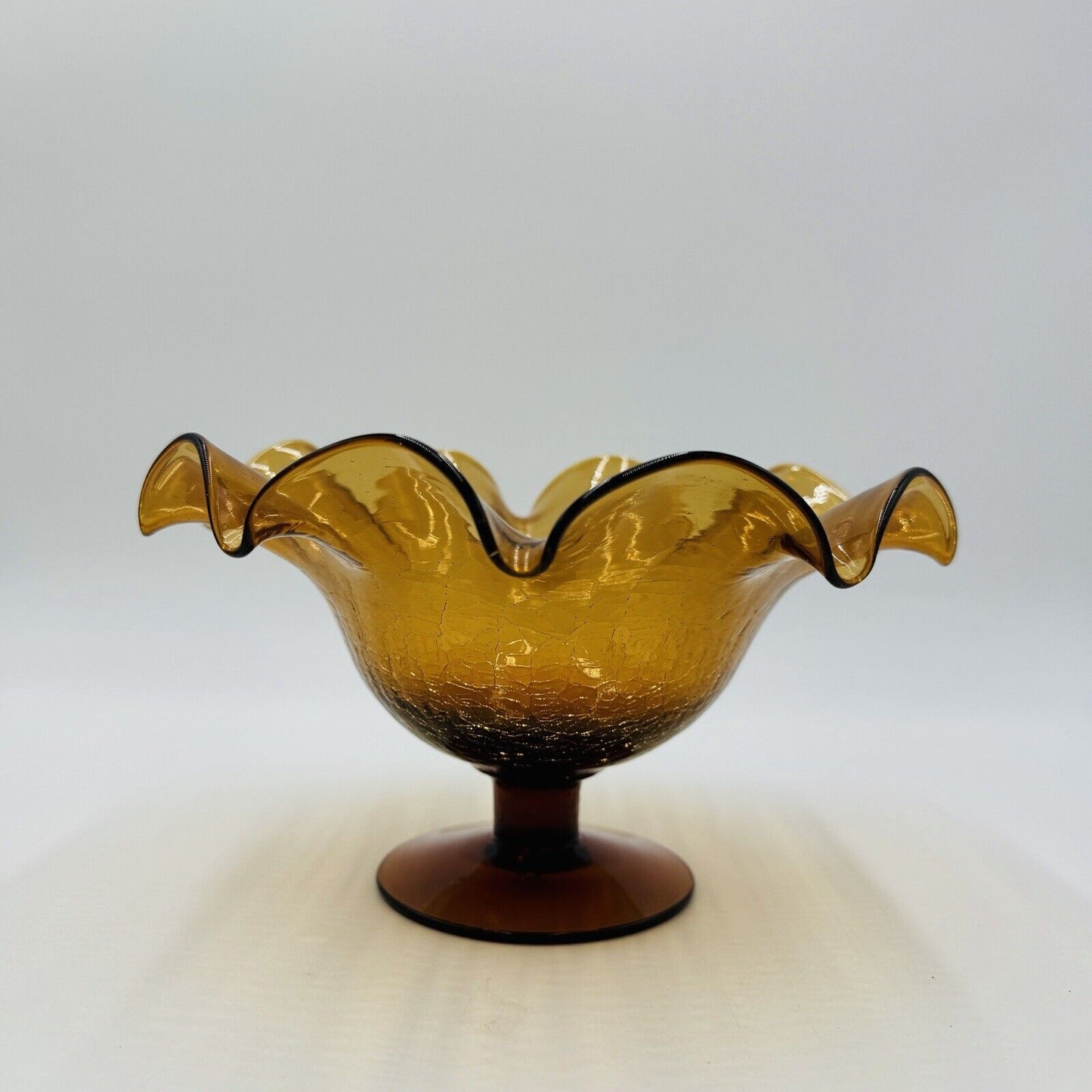 Blenko Art Glass  Amberina Footed Vase Ruffled Crackled Compote 5.5”H x 9”