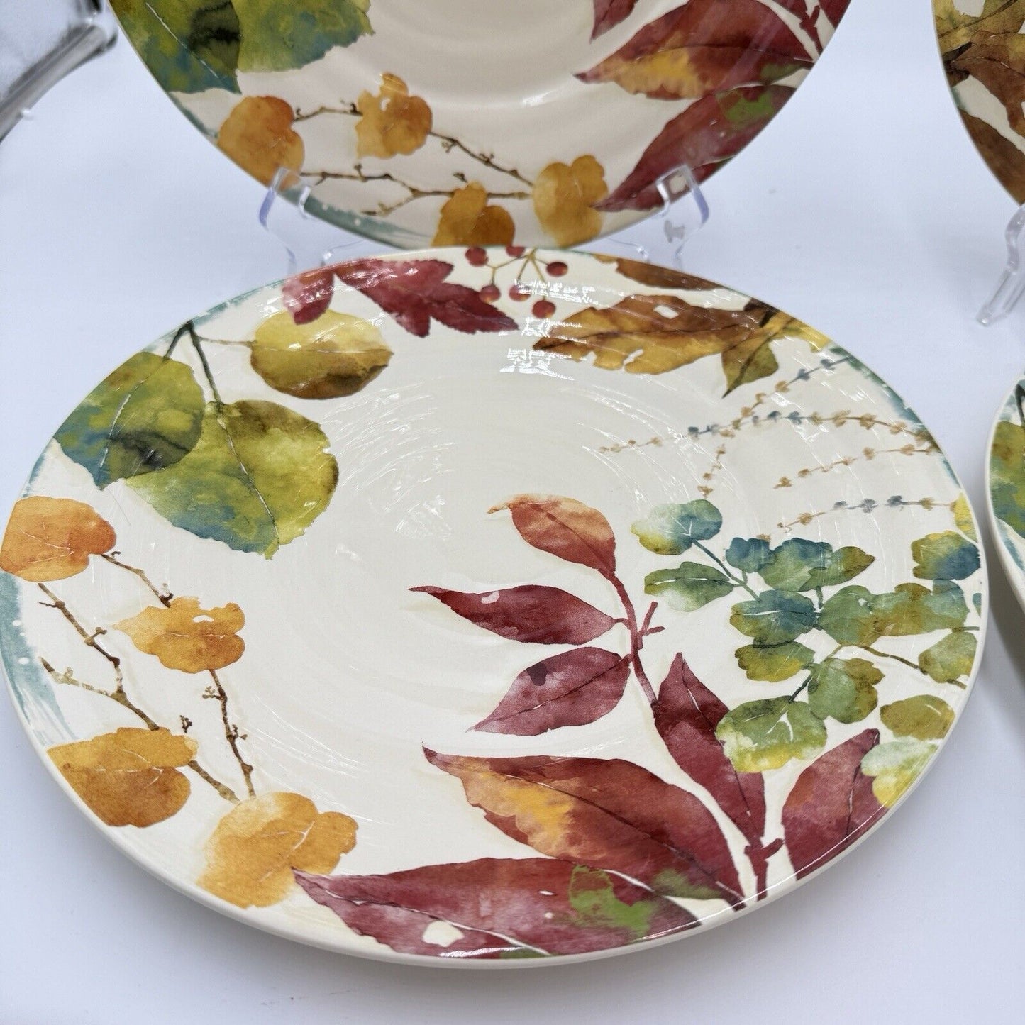 Pier 1 Imports WILLOW Dinner Plates Set 4 11” Fall Leaves Ironstone Ceramic