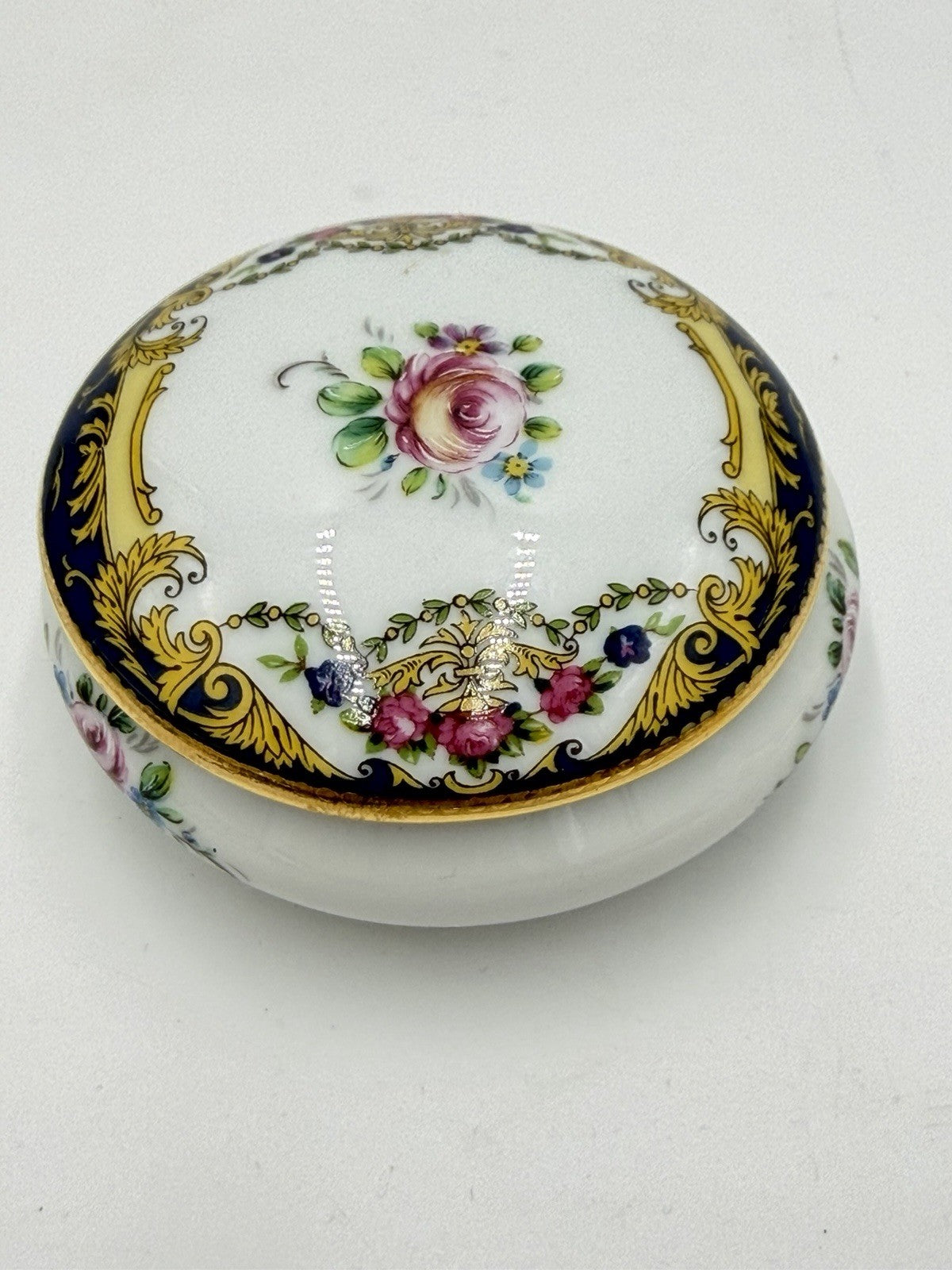 Vintage Imperia Limoges France Floral White/Blue 22K Gold Round Trinket Box