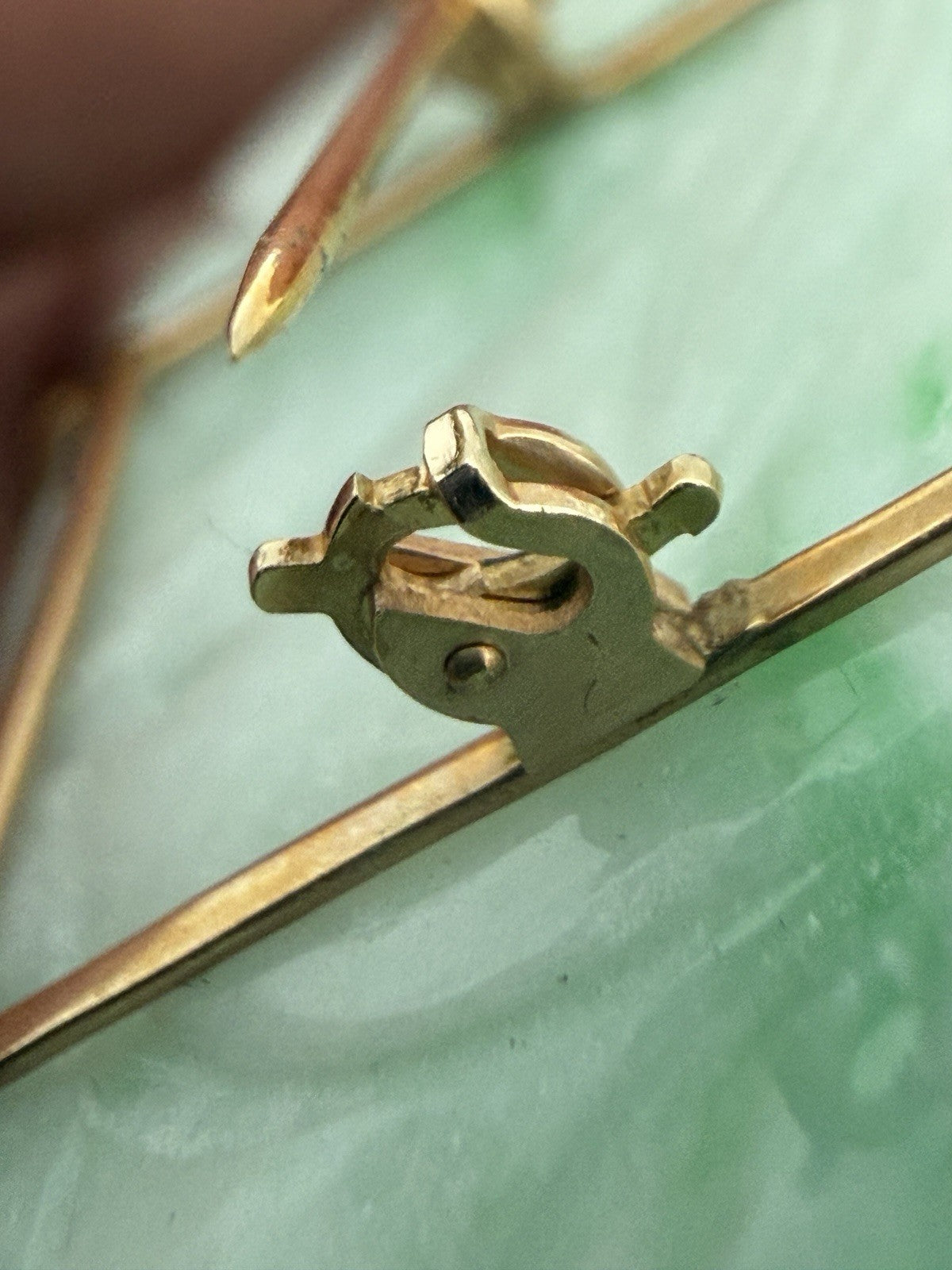 Antique Chinese 14K Yellow Gold Jadeite Jade Pin Brooch Natural Jade