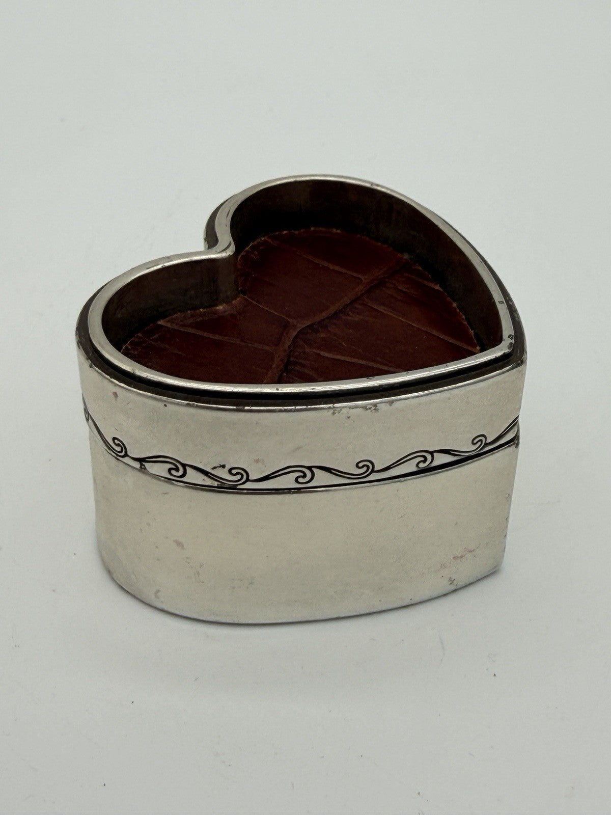 Vintage Brighton Silver Tone Trinket Box Heart Shape Leather Accents Jewelry Box