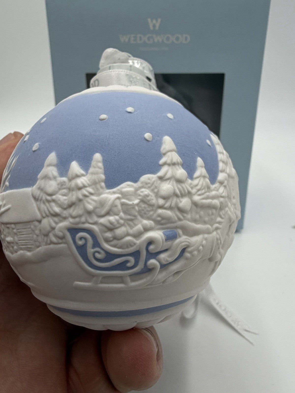 Wedgwood Jasperware Blue Sleigh Ride Santa Christmas Ball Ornament Boxed