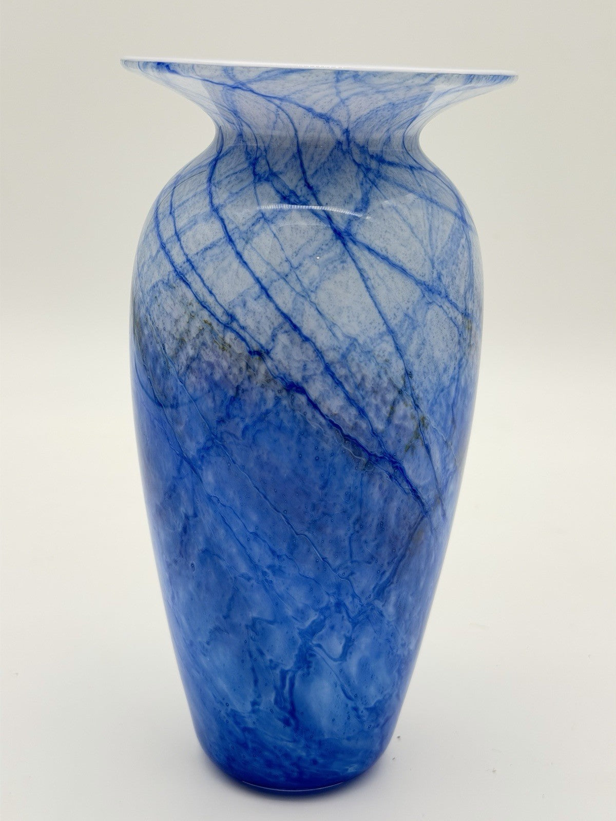 Michael Nourot Studio Art Glass 7.5”H White Cased Blue Vintage Vase 1984