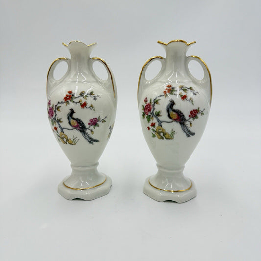 Vintage Limoges France Porcelain Miniature Vase Floral Birds Painted 5.3” Set 2