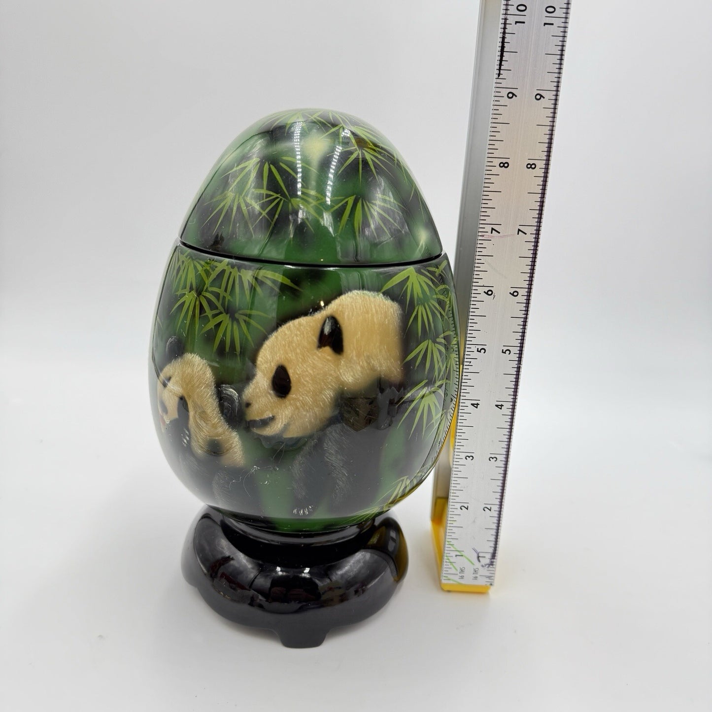 Lacquer Box Panda Bear Vtg wooden hand painted trinket box 7.5"x4" base