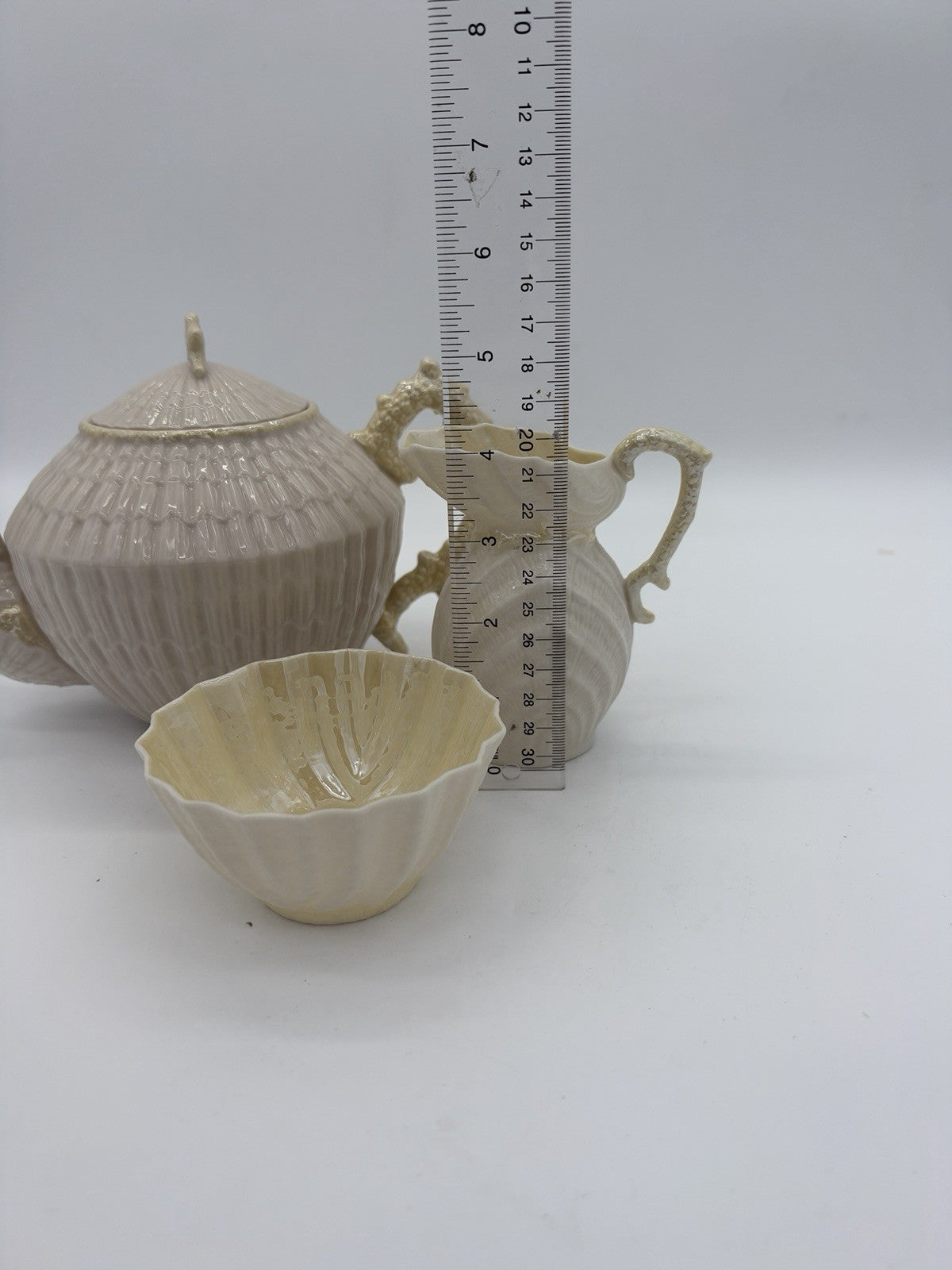 Belleek Ireland Limpet Shell Pattern Teapot Creamer &sugar Bowl 2nd Green Mark