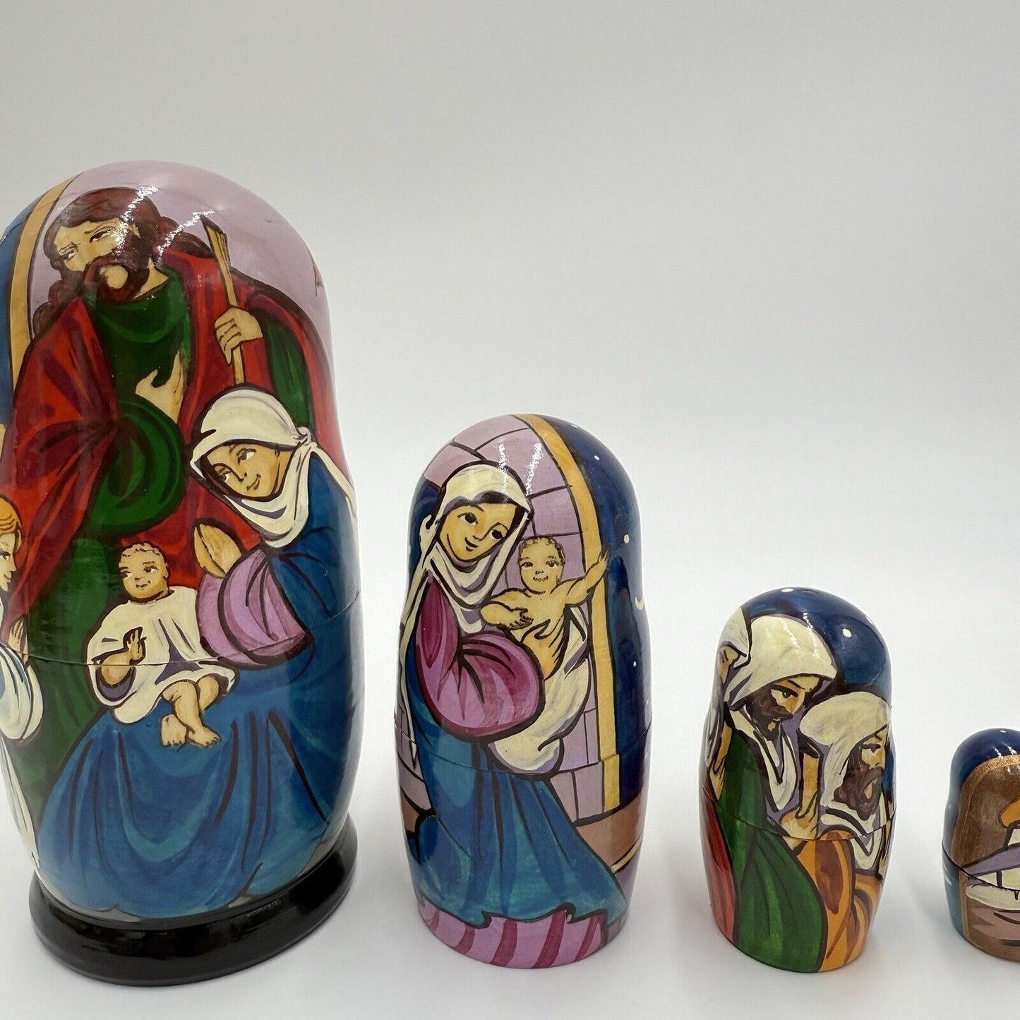 Rare Wooden Nativity Nesting Dolls Hand Painted 6” Holy Family Christmas 5 PCs