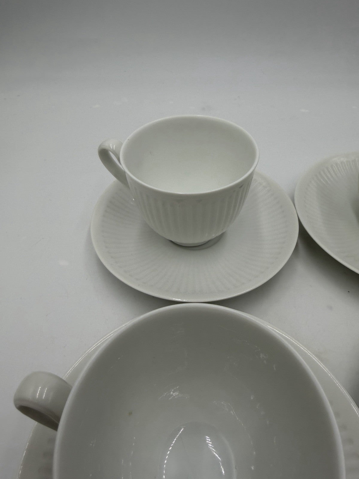 Royal Copenhagen Denmark White Georgiana Flat Demitasse Cups & Saucers 4 Sets