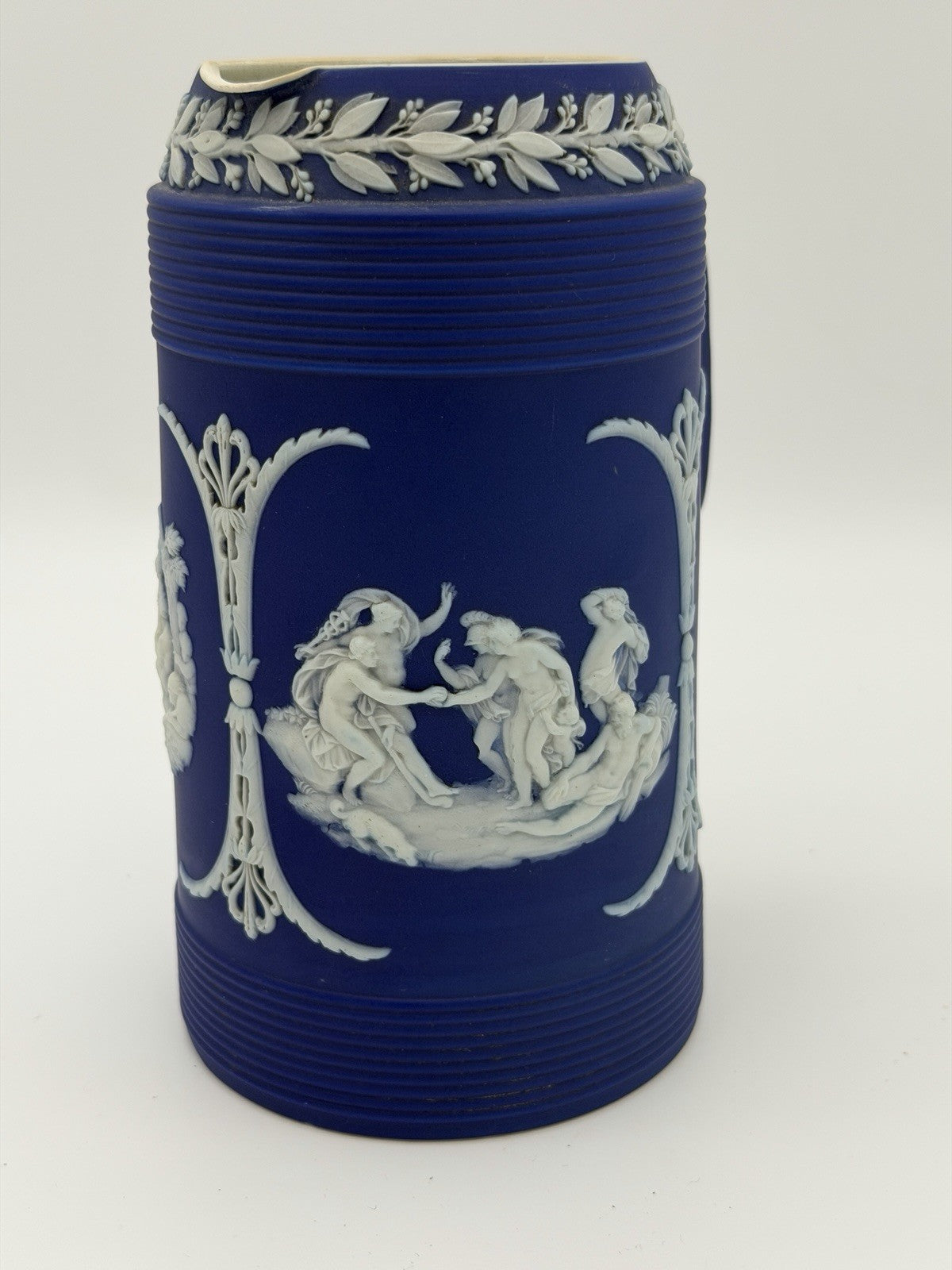 Antique Wedgwood Jasperware Dipped Blue Pitcher 7.5” Trojan Jug England Large