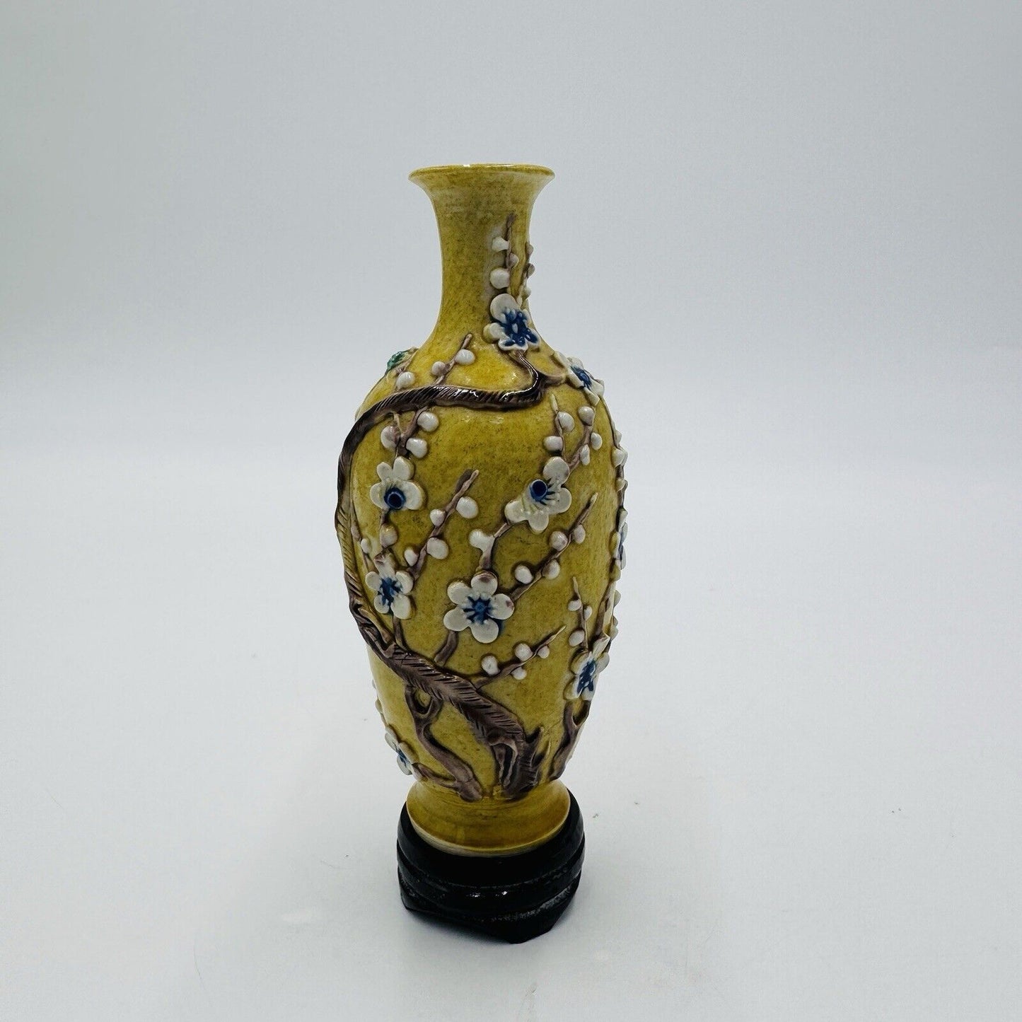 Antique Chinese Yellow Qing Dynasty Plum Blossoms Floral Mini Vase 5”