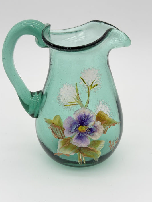 Vintage Joe Deanda Art Glass Pitcher Green Painted Pansies 4.5”H