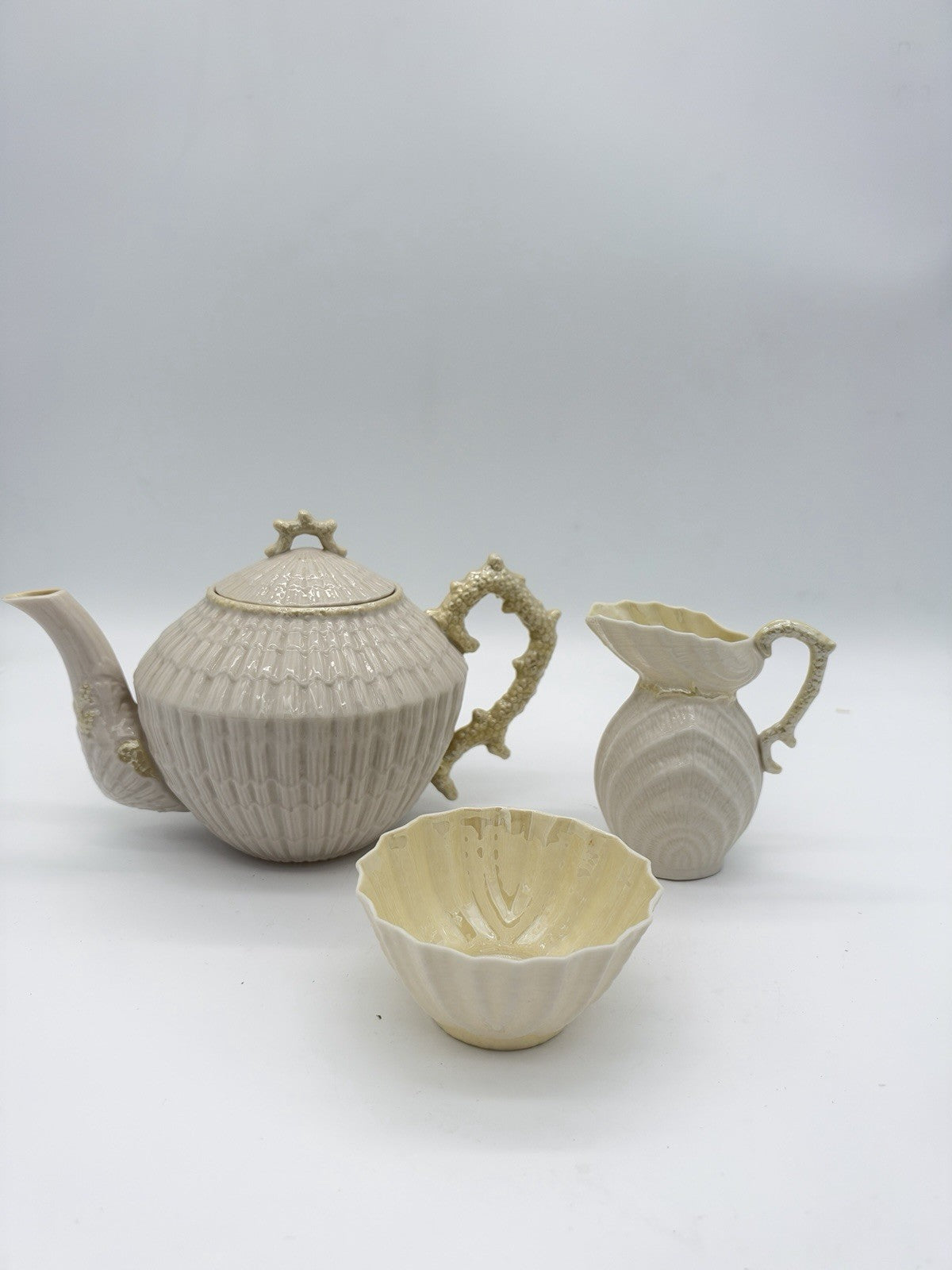 Belleek Ireland Limpet Shell Pattern Teapot Creamer &sugar Bowl 2nd Green Mark
