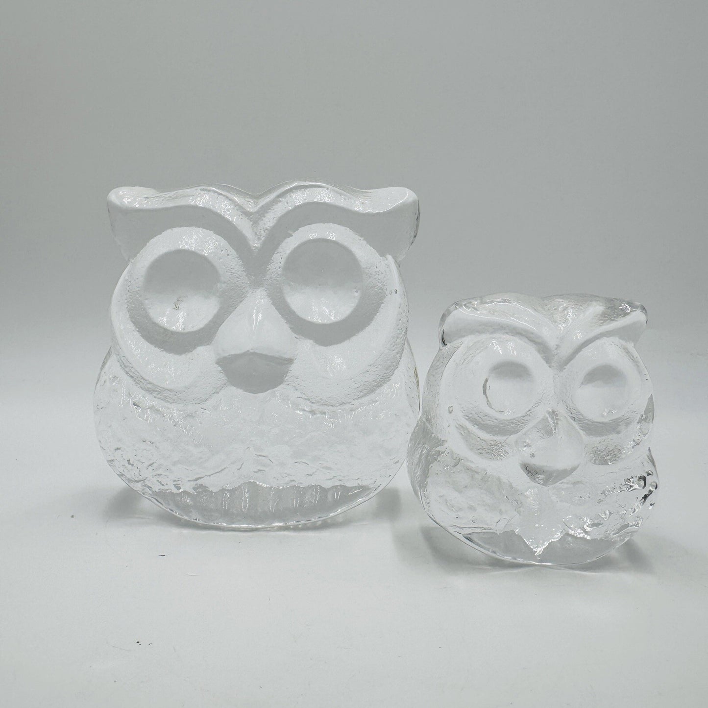 Skruf Sweden art glass owls figurines frosted  Signed 1974 MCM