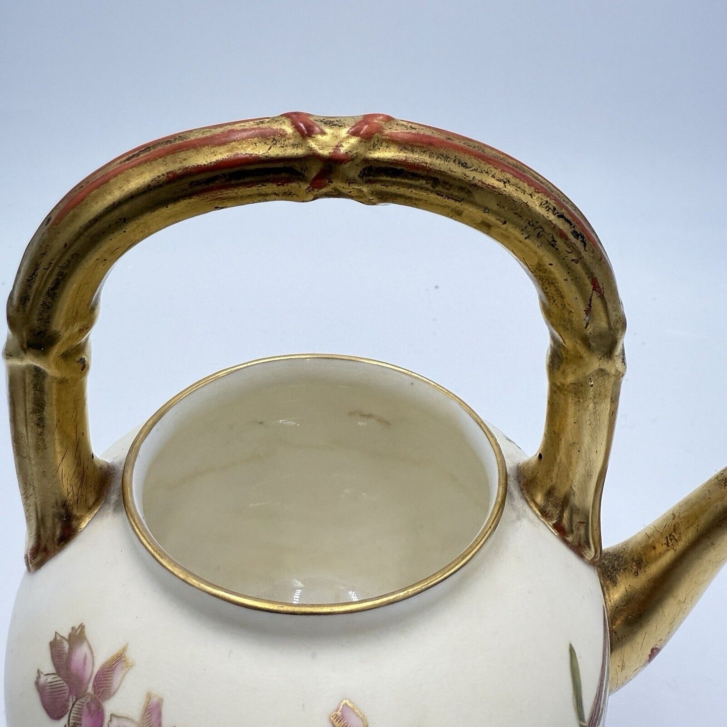 1885 English Victorian Royal Worcester Porcelain Floral Handle Teapot (No Lid )