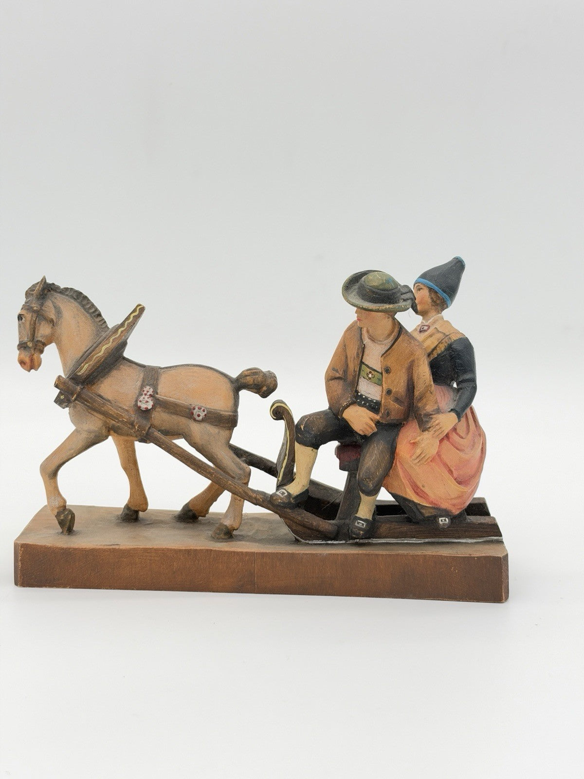 Antique folk art wood carving August Runggaldier Italy  farmers on horse sleigh