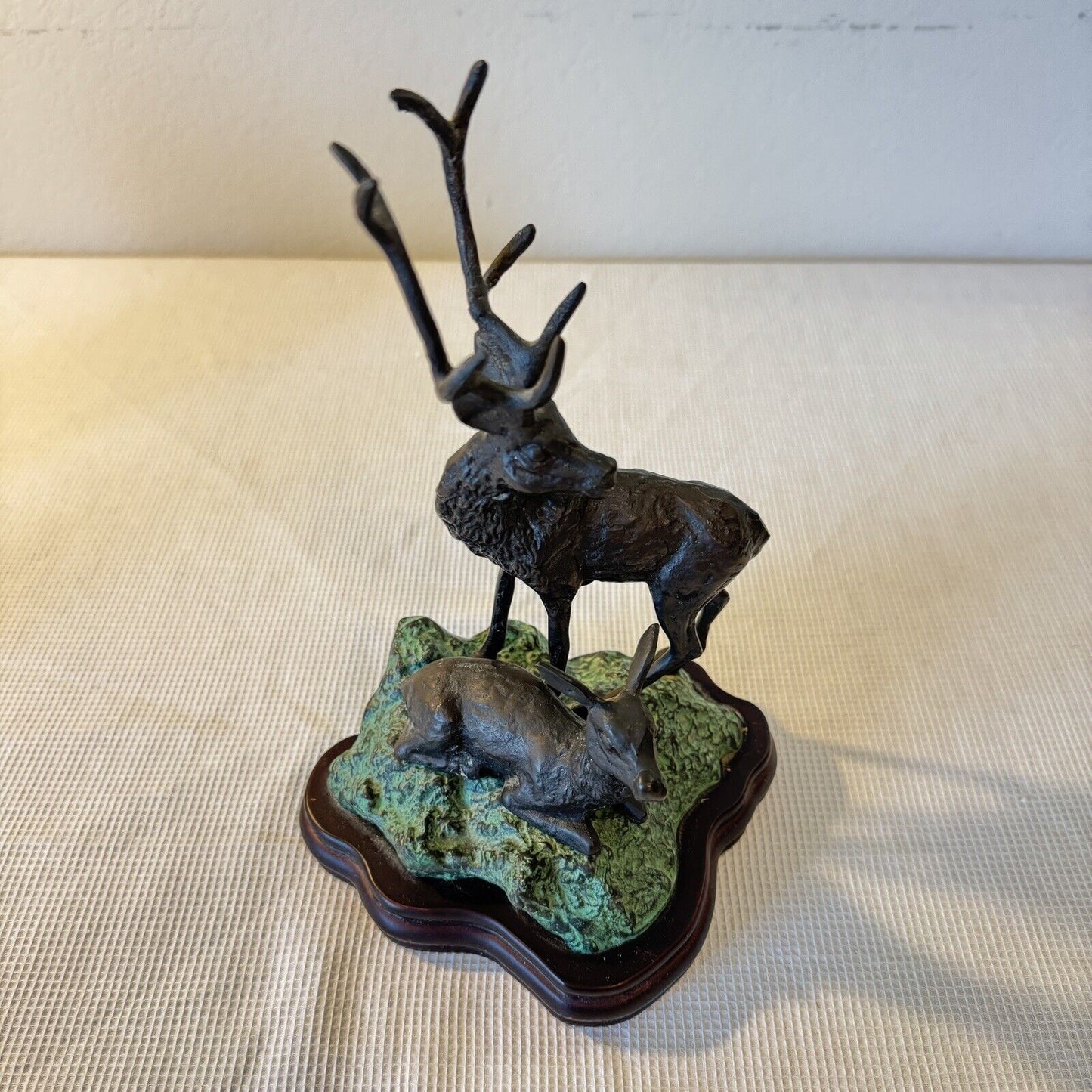 Bronze Sculpture Deer Stag Buck with Doe on Wood Base 10in Tall Natural Pose