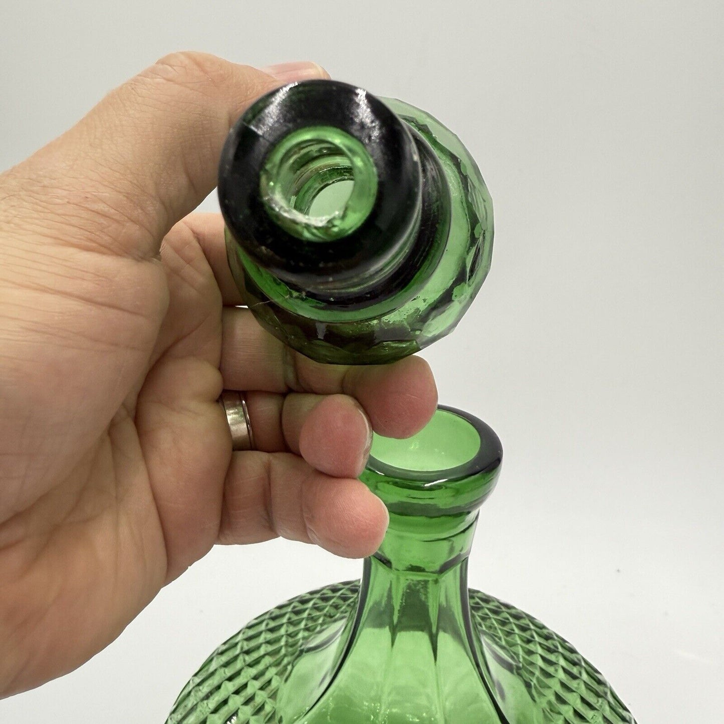 Vtg Empoli Green Diamond Genie Bottle Decanter W/Stoppers 12” Italy Art Glass