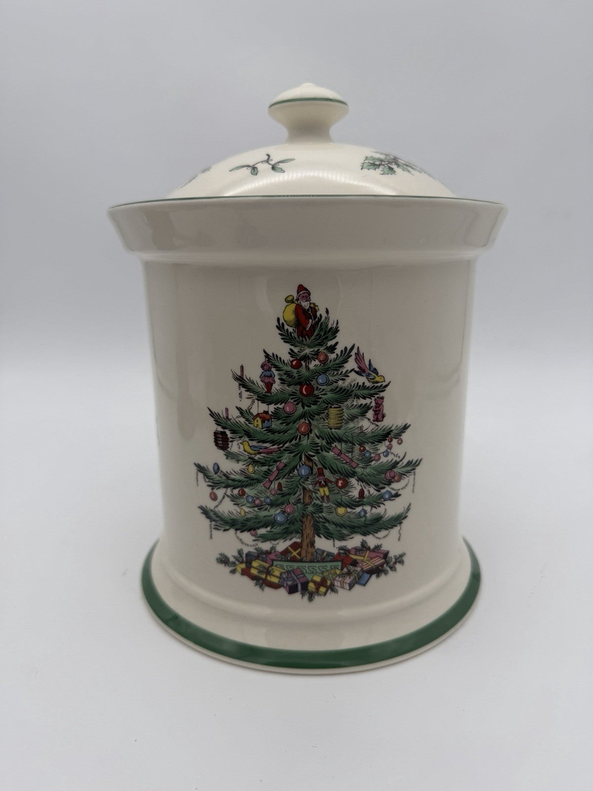 Spode Christmas Tree Canister Cookie Jar W/Rubber Seal On Lid 9”H Vtg England