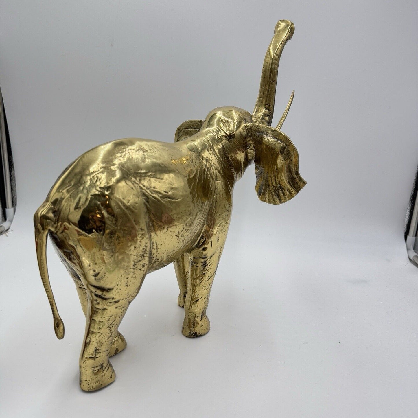 Solid Brass Elephant Sculpture Large 15”Tall Trunk Up Made In Korea Gold Heavy