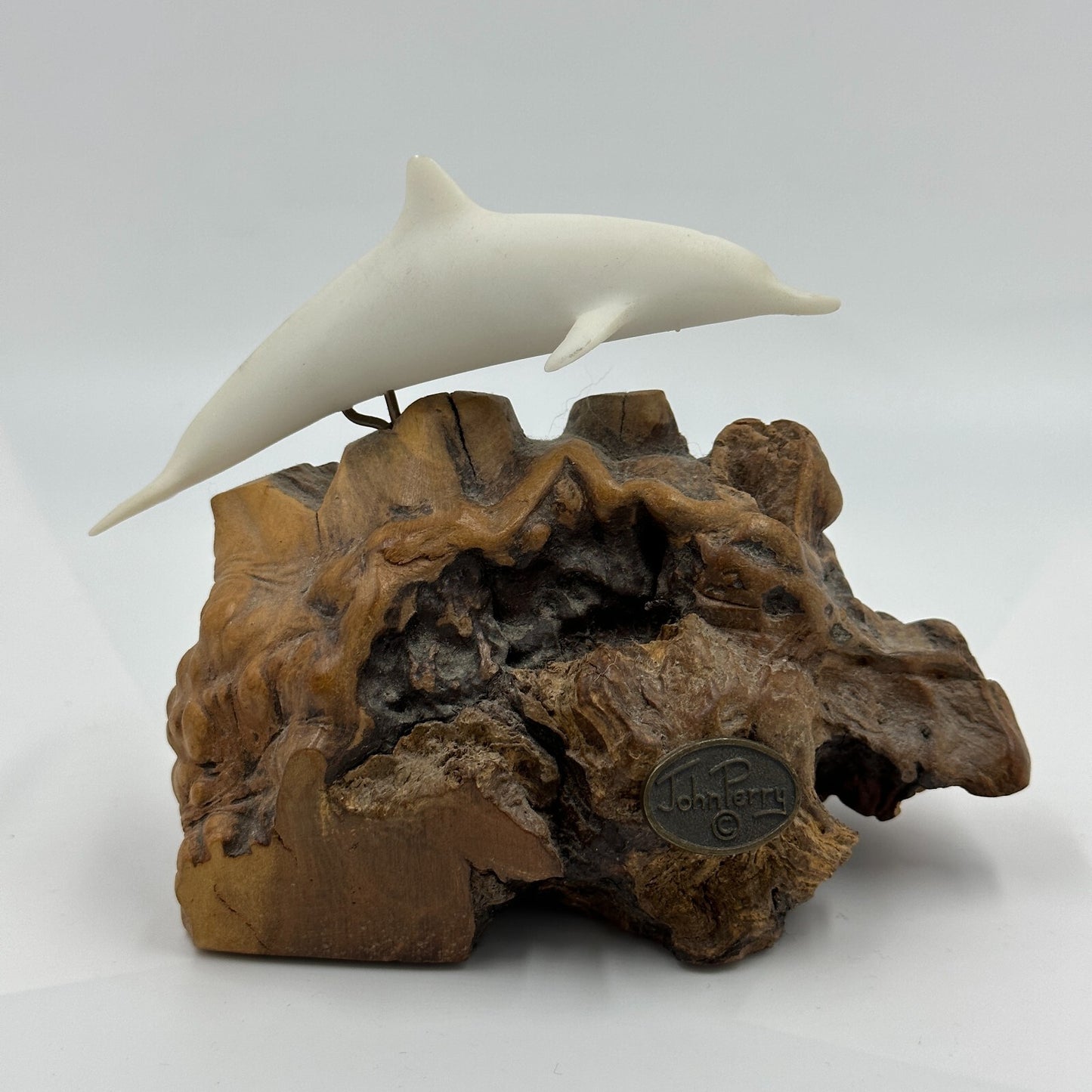 John Perry Dolphin Figure Pellucita Manzanita Wood Marked Ocean Sculpture Statue