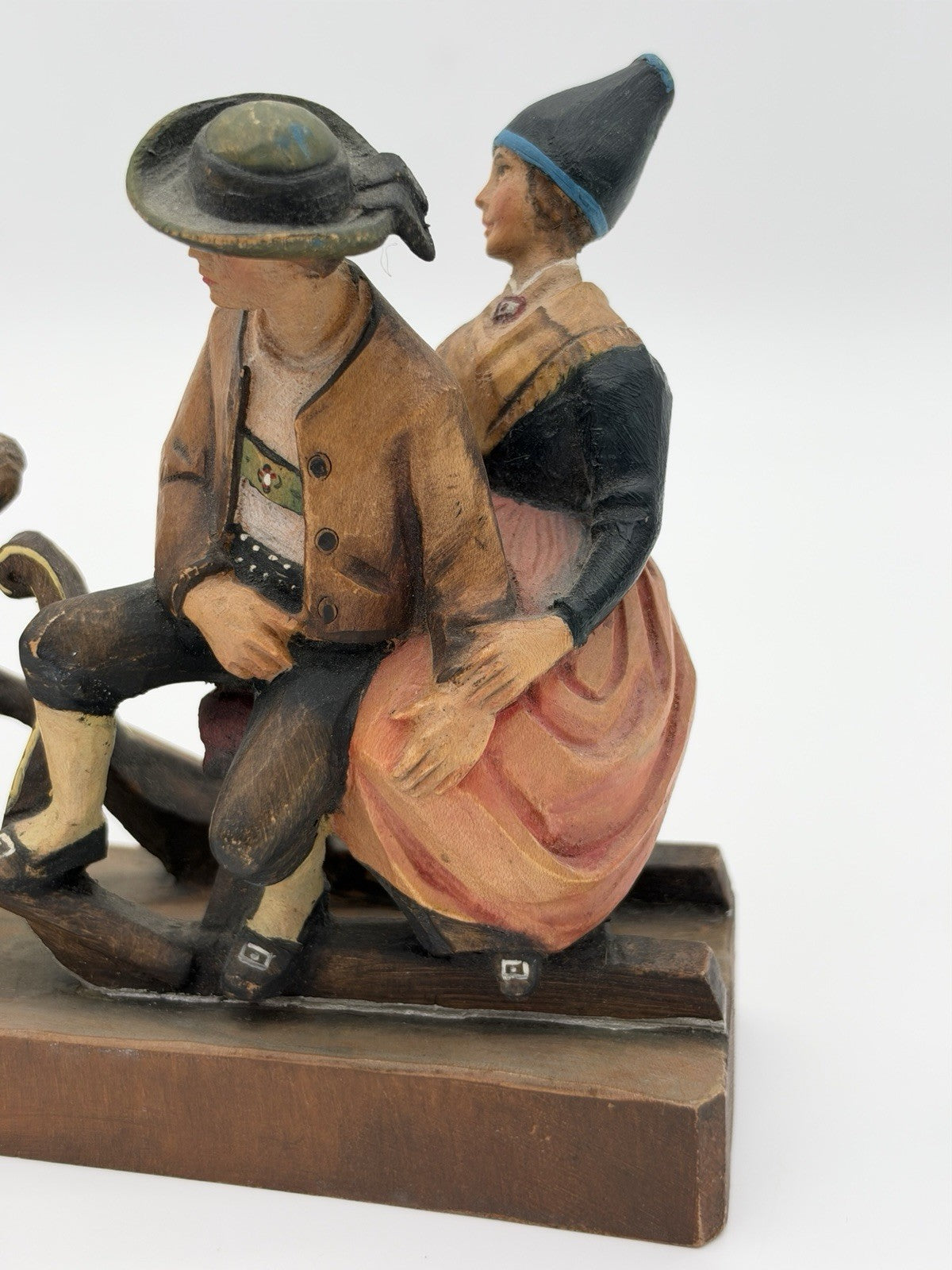 Antique folk art wood carving August Runggaldier Italy  farmers on horse sleigh