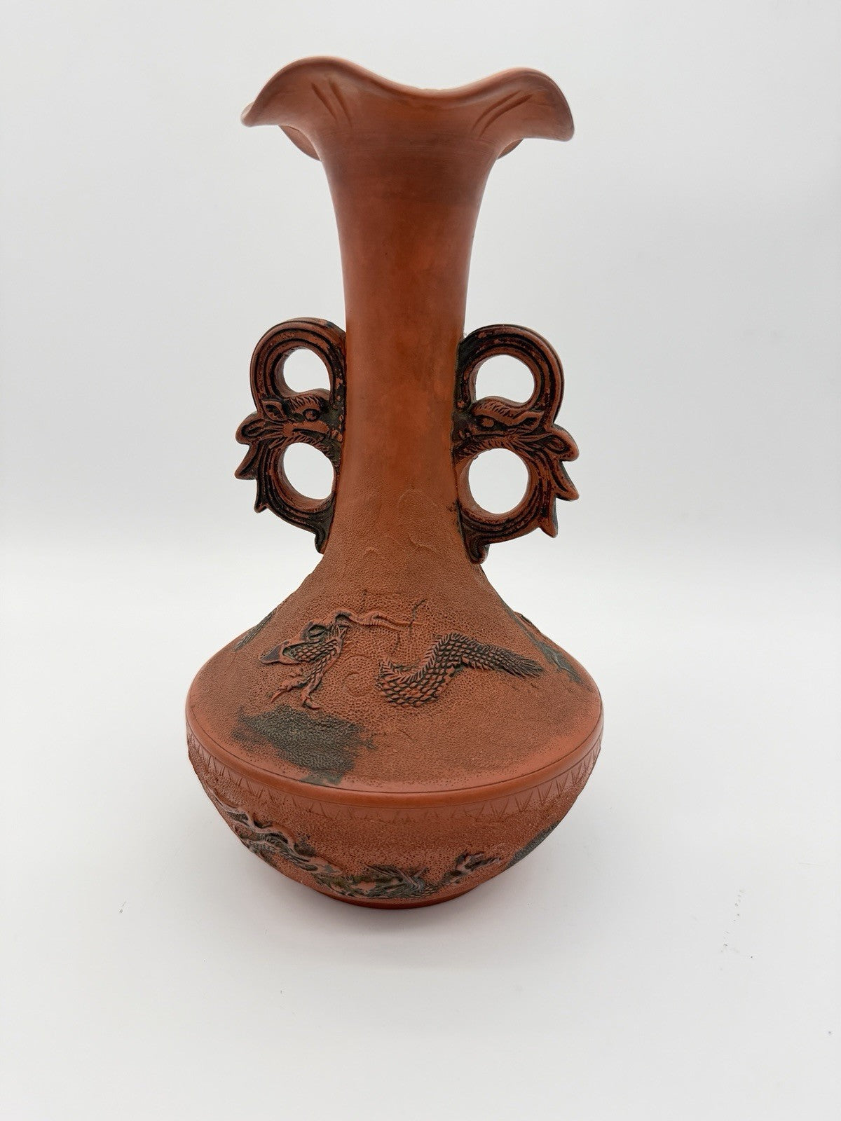 Antique Meiji Japanese Tokoname Terracota   Embossed Dragon Double Handle 10”H