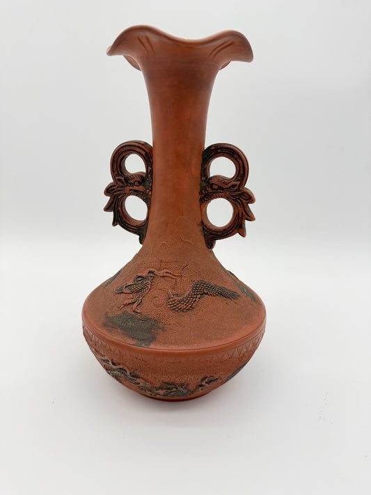 Antique Meiji Japanese Tokoname Terracota   Embossed Dragon Double Handle 10”H