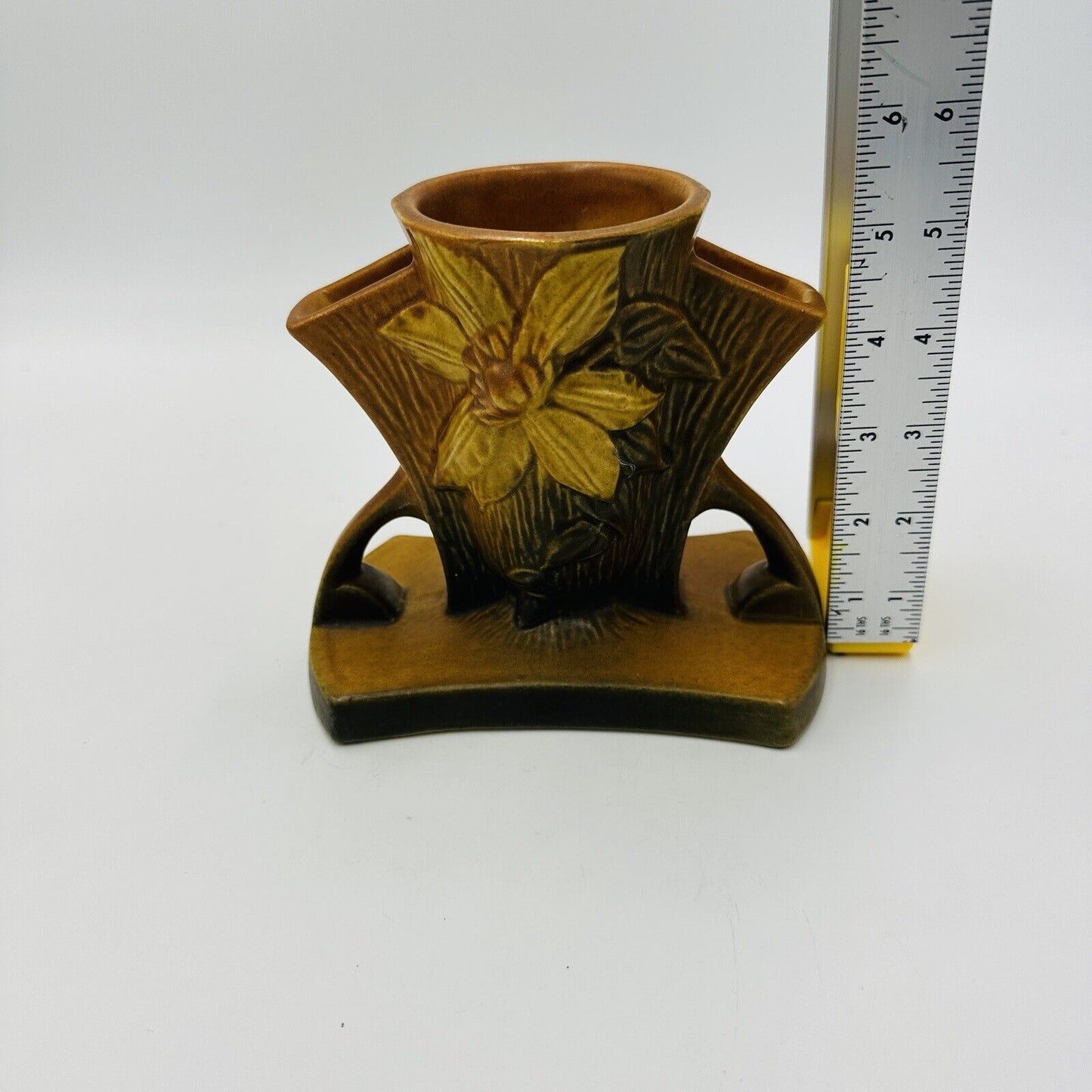 Roseville Clematis Art Pottery Brown Vase 192-5 Circa 1944 USA Floral 5.5in