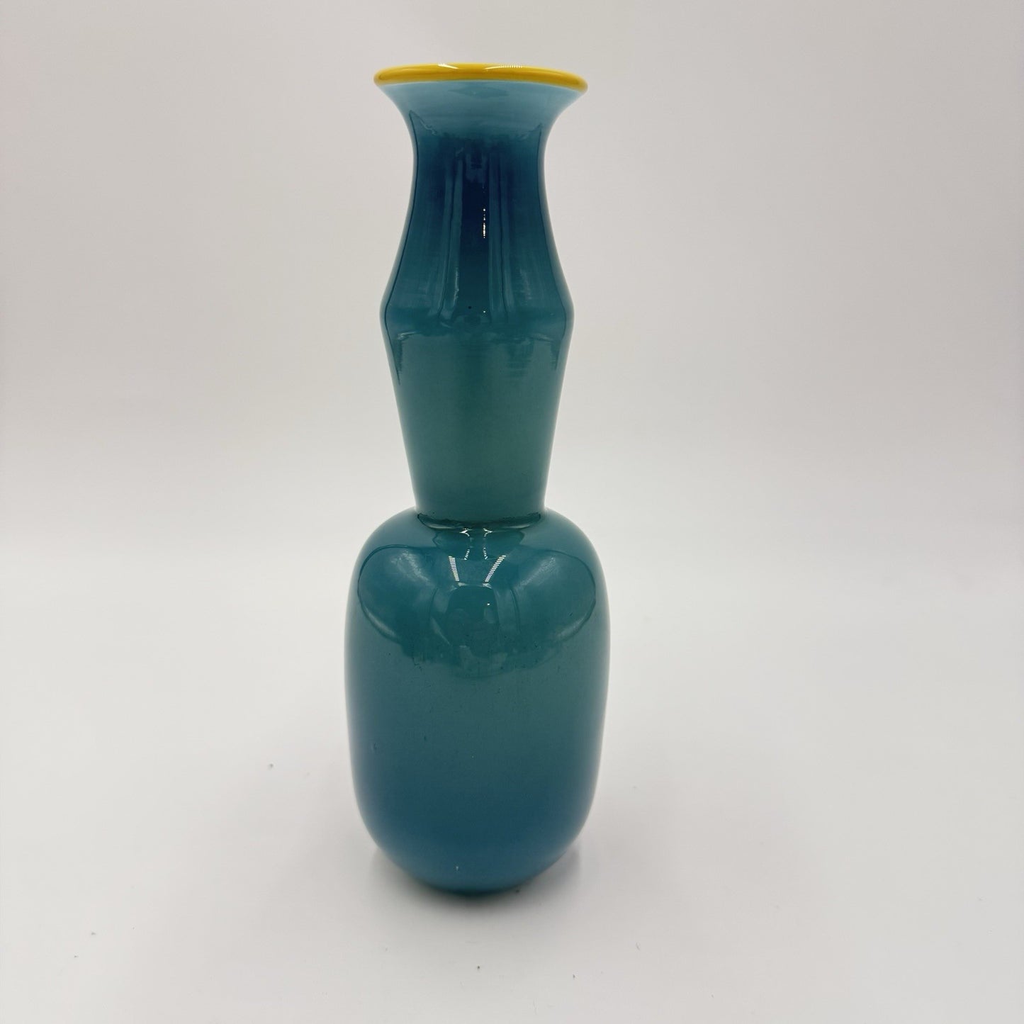 studio PARAN Hand blown Art glass vase aqua color 7.5” Signed Yellow Rim 2002