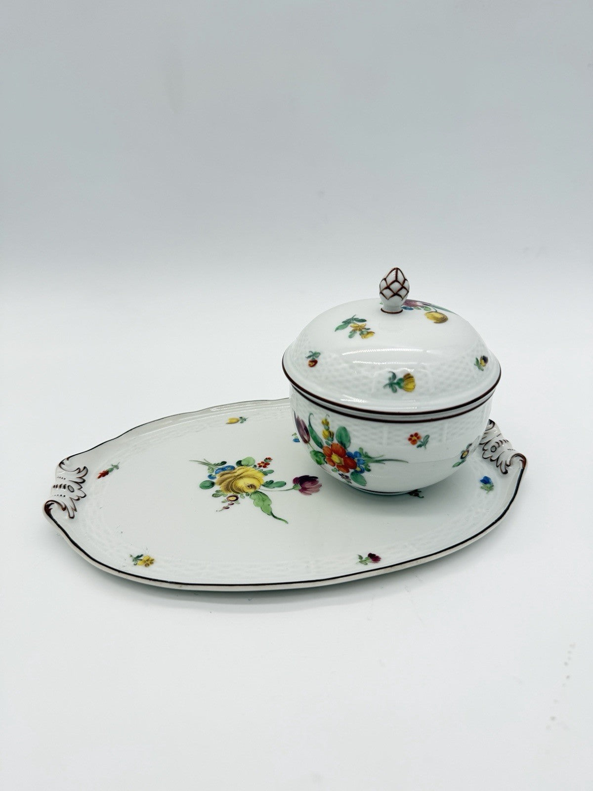 Antique Nymphenburg Porcelain Floral Sugar Bowl & Tray Basket Weave Set 2 PCs