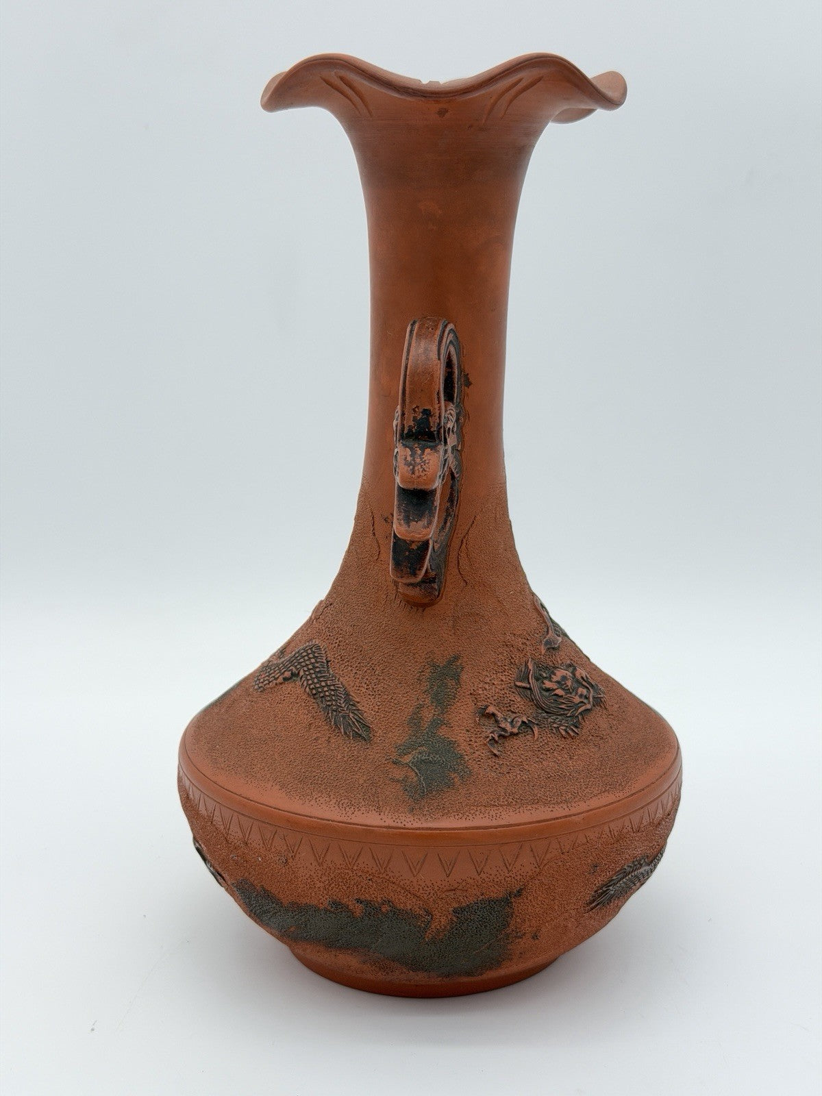 Antique Meiji Japanese Tokoname Terracota   Embossed Dragon Double Handle 10”H
