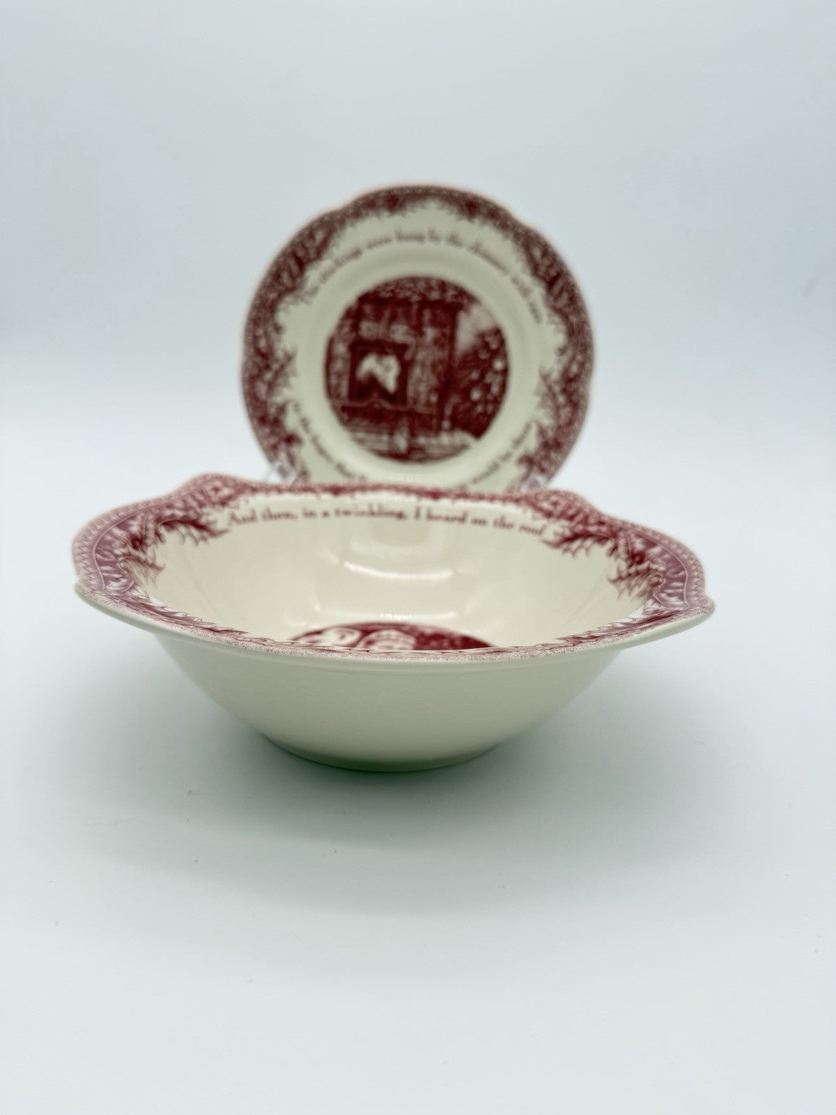 Johnson Brothers England Porcelain Twas The Night Dessert Plate & Bowl Set Red