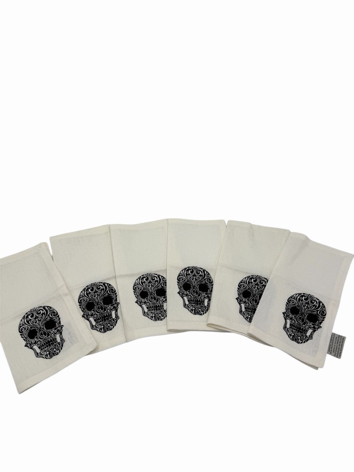 Pottery Barn Skull Pattern Cotton Linen White Napkins 6 Pieces 9x9”